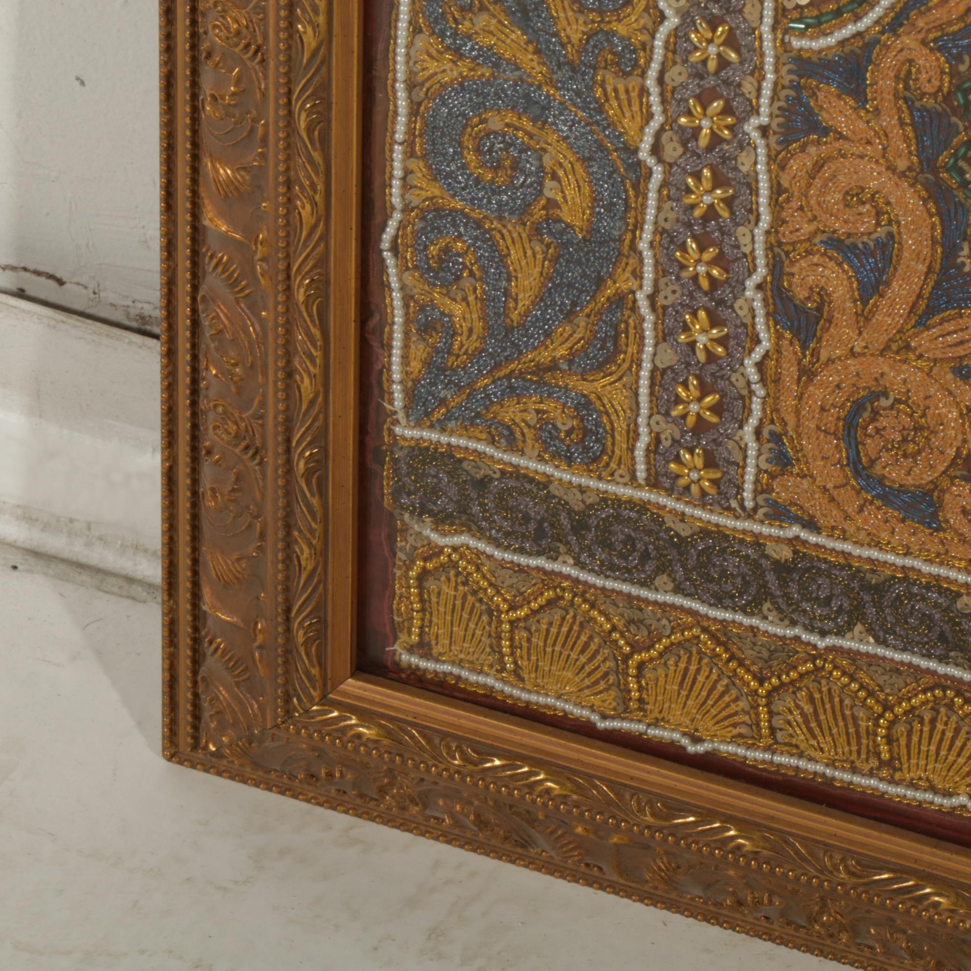 Southeast Asian Kalaga Beaded Embroidered Textile Panel with Peacock