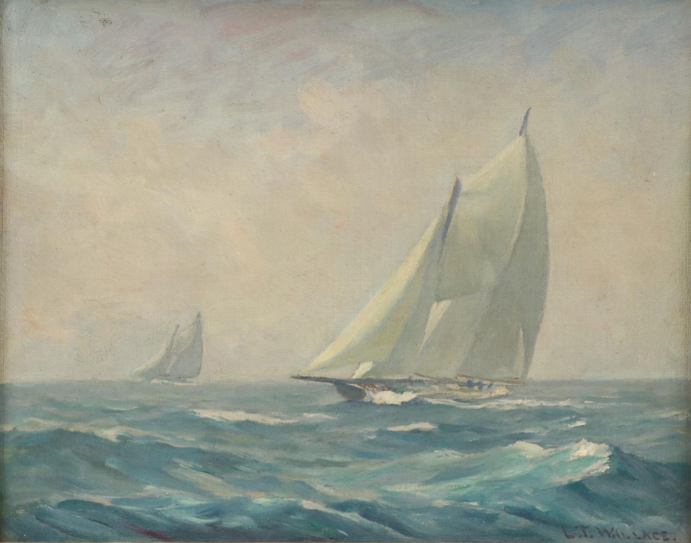 Lillie T. Wallace Maritime Oil Painting of Sailboats, 20th Century