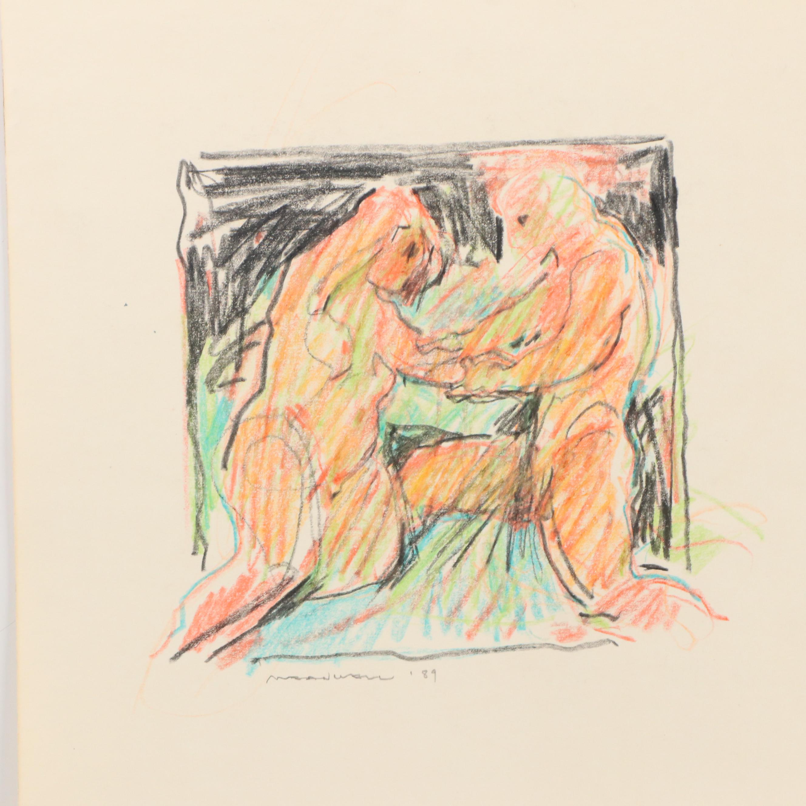 Jack Meanwell Figural Modern Oil Pastel Drawing, 1989