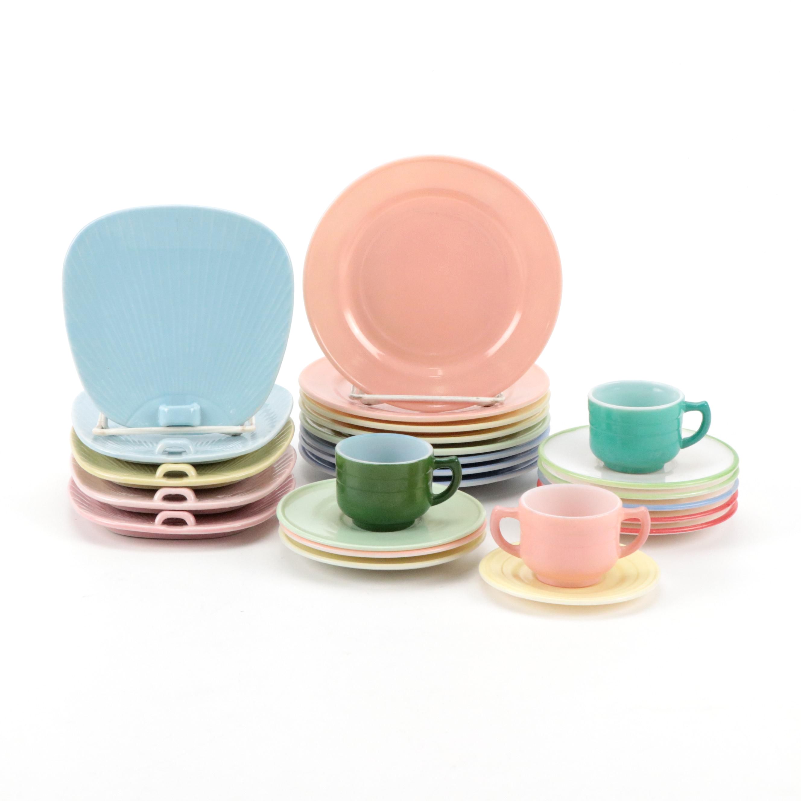 Hazel Atlas Glass Miniature Teacups with Milk Glass Saucers and More