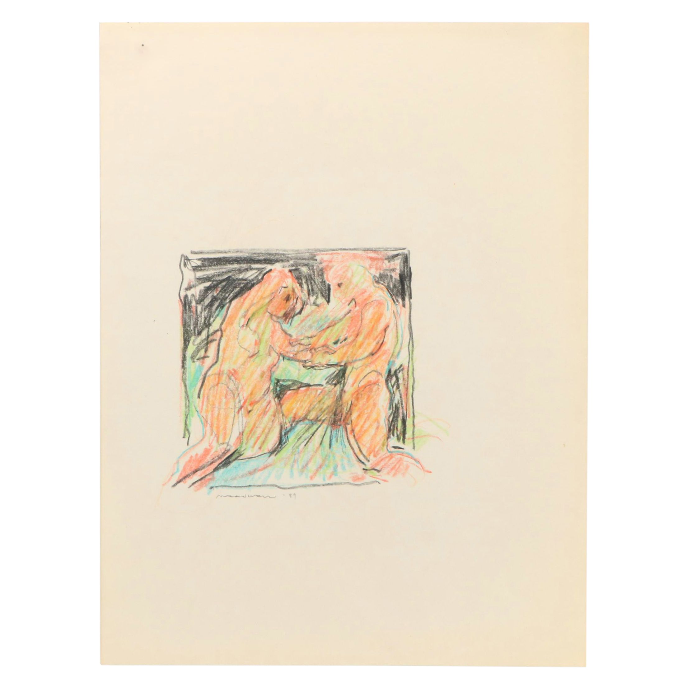 Jack Meanwell Figural Modern Oil Pastel Drawing, 1989