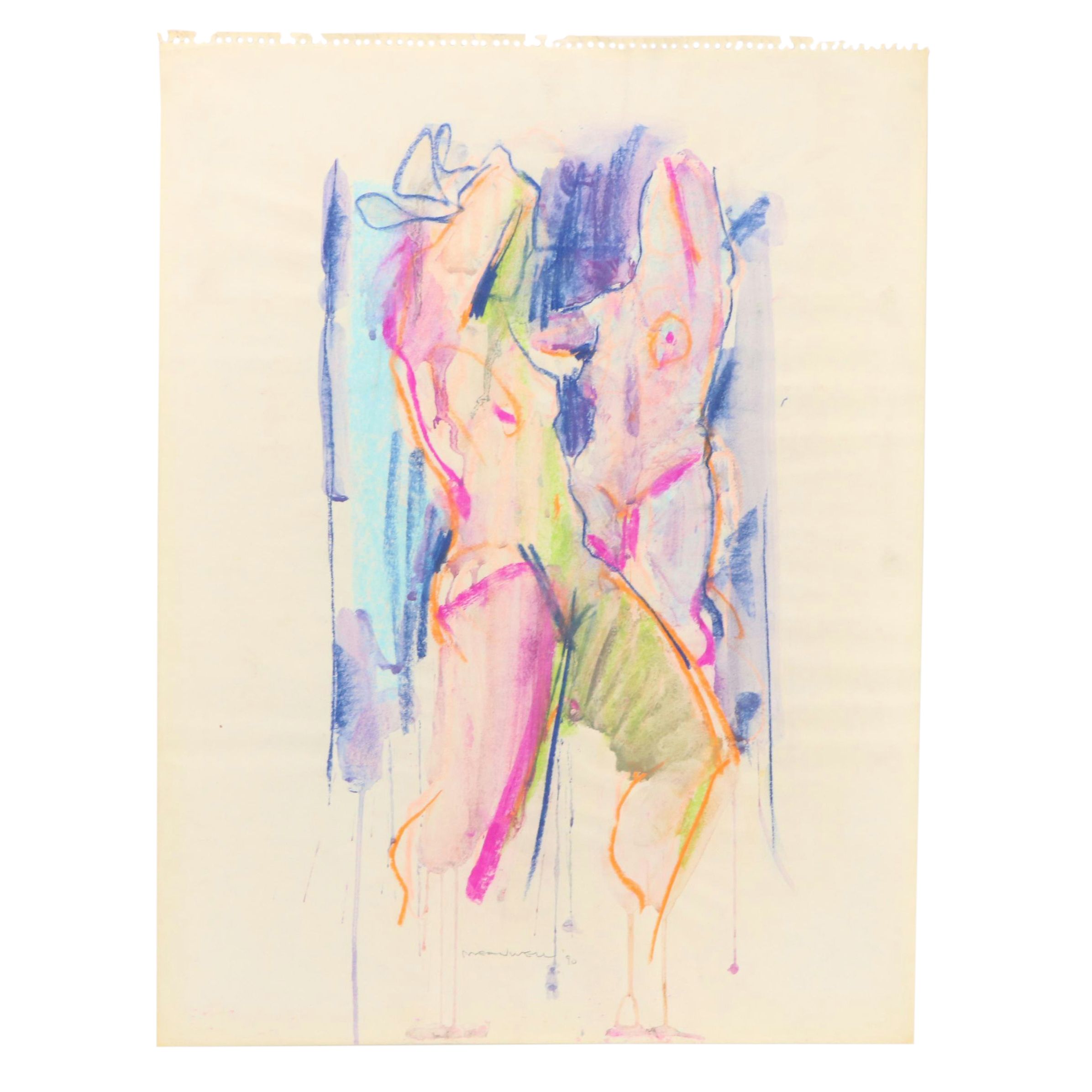 Jack Meanwell Figural Modern Oil Pastel Drawing, 1990