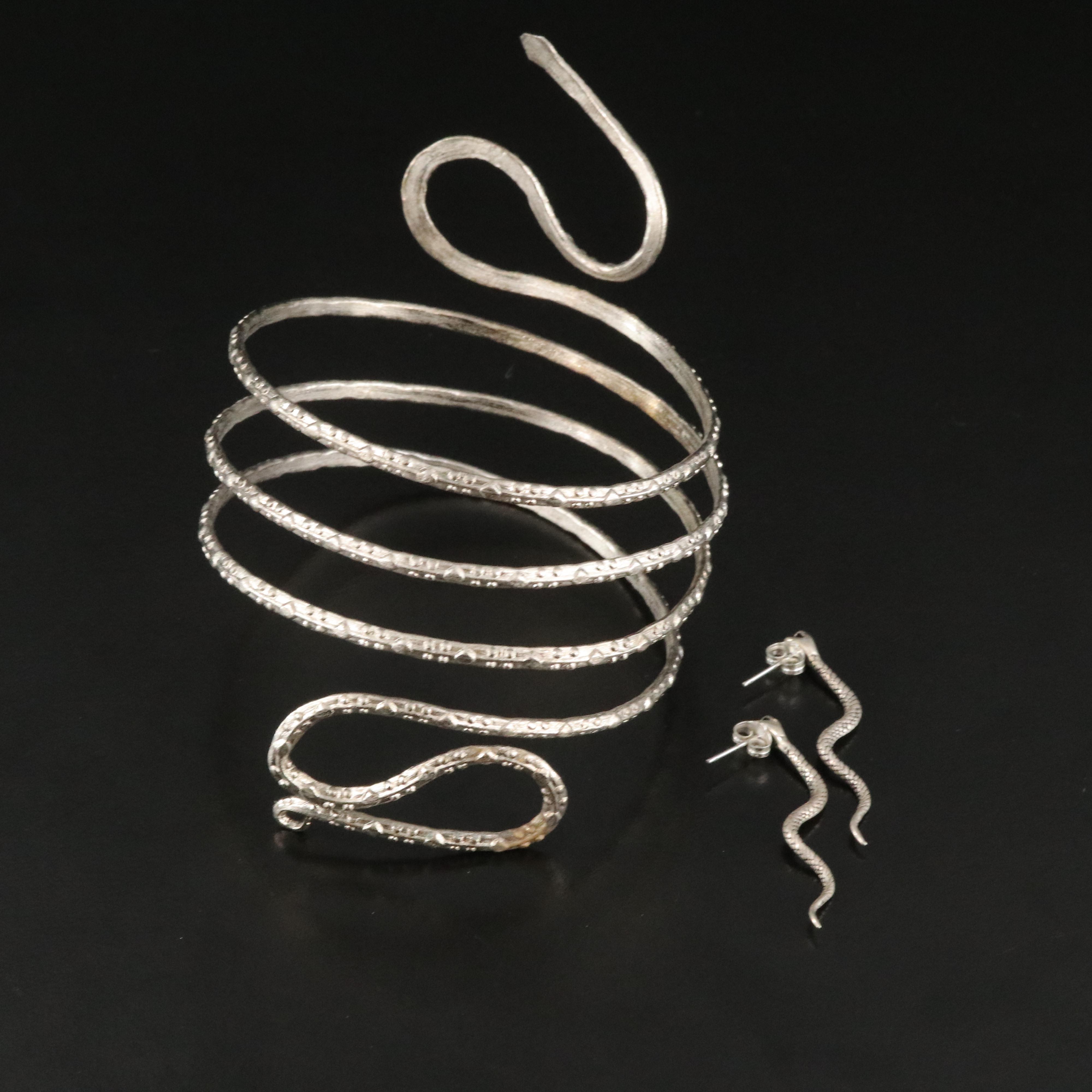 Coil Wrap Snake Bracelet and Sterling Earrings