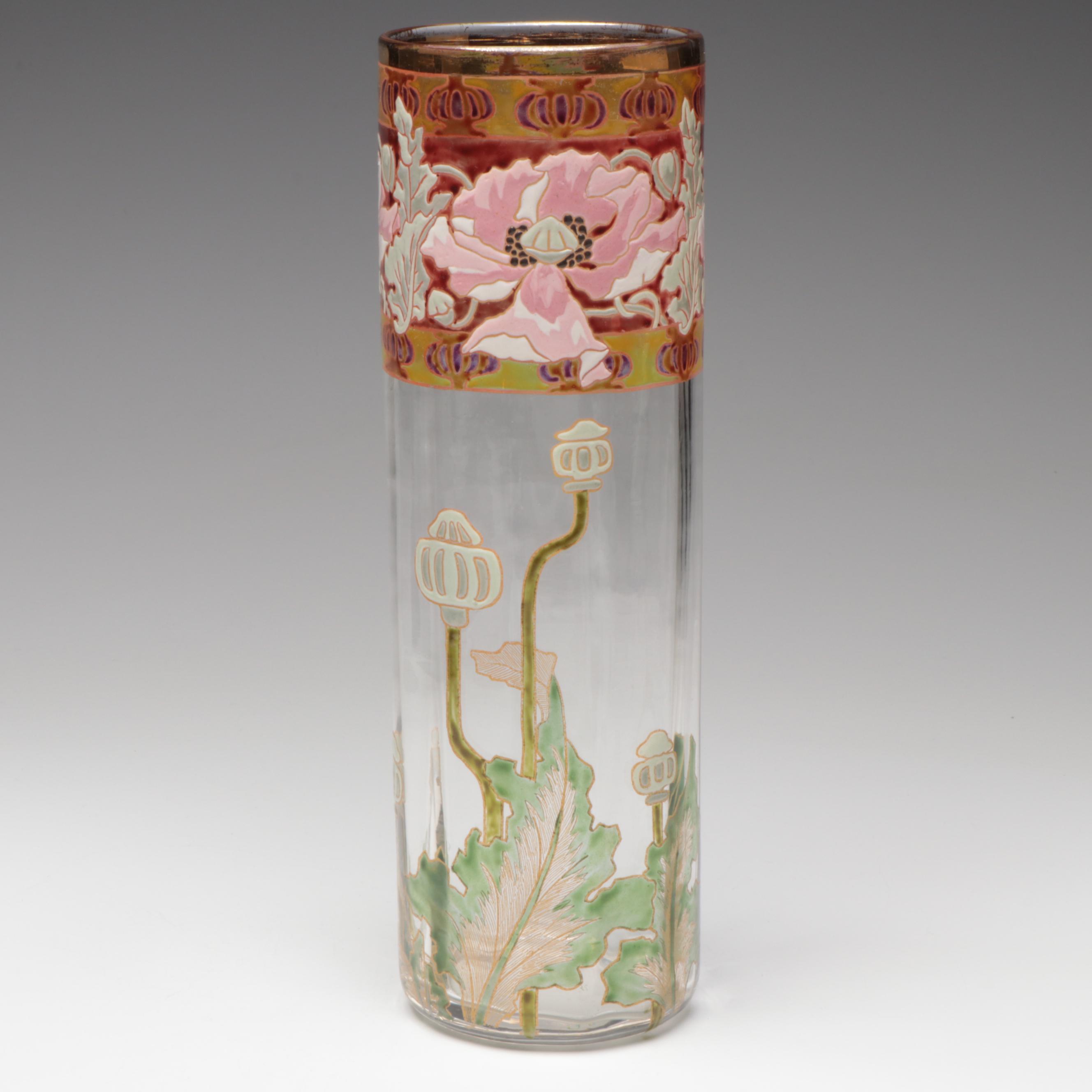 Art Nouveau Mont Joye Style Floral Enameled Optic Glass Vase