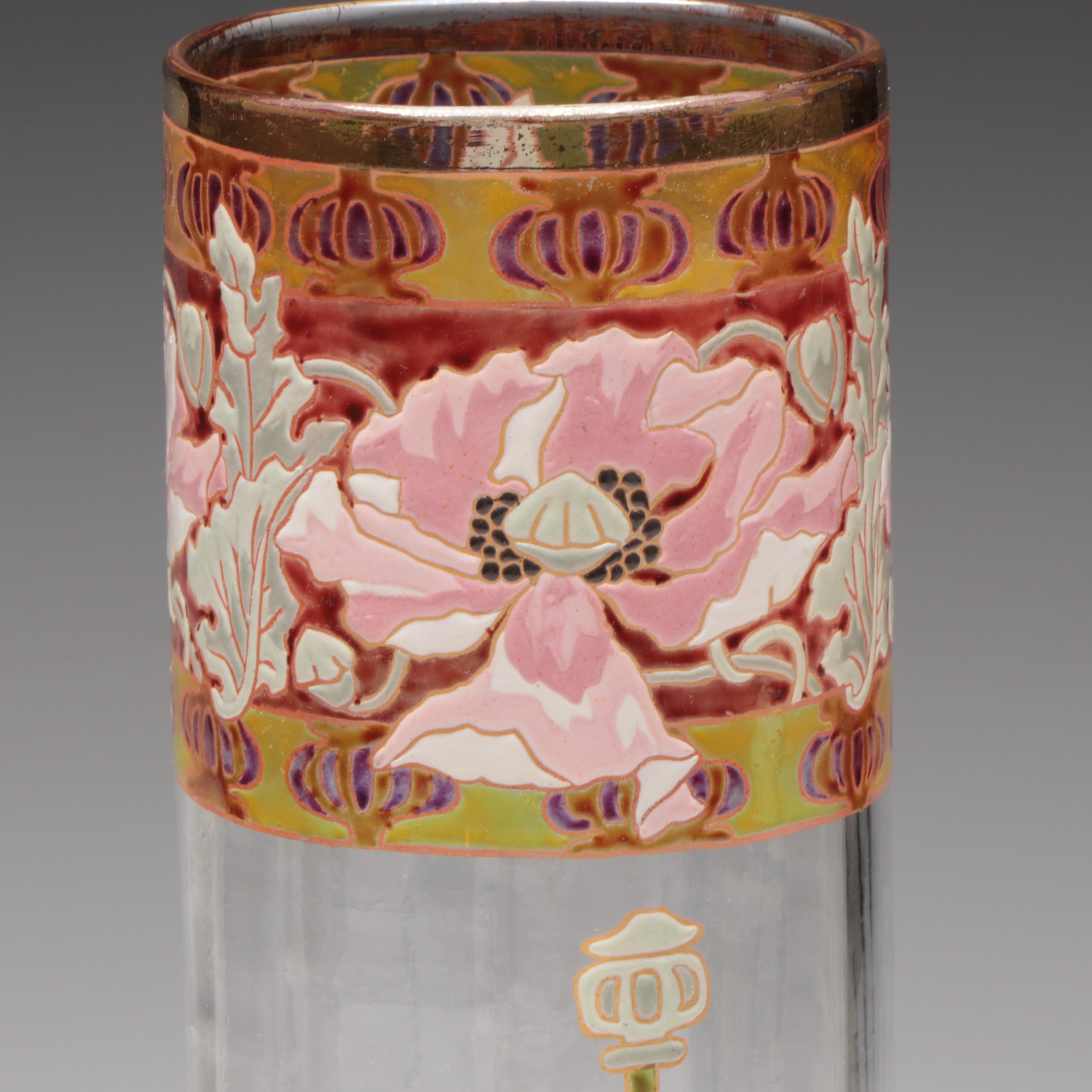 Art Nouveau Mont Joye Style Floral Enameled Optic Glass Vase