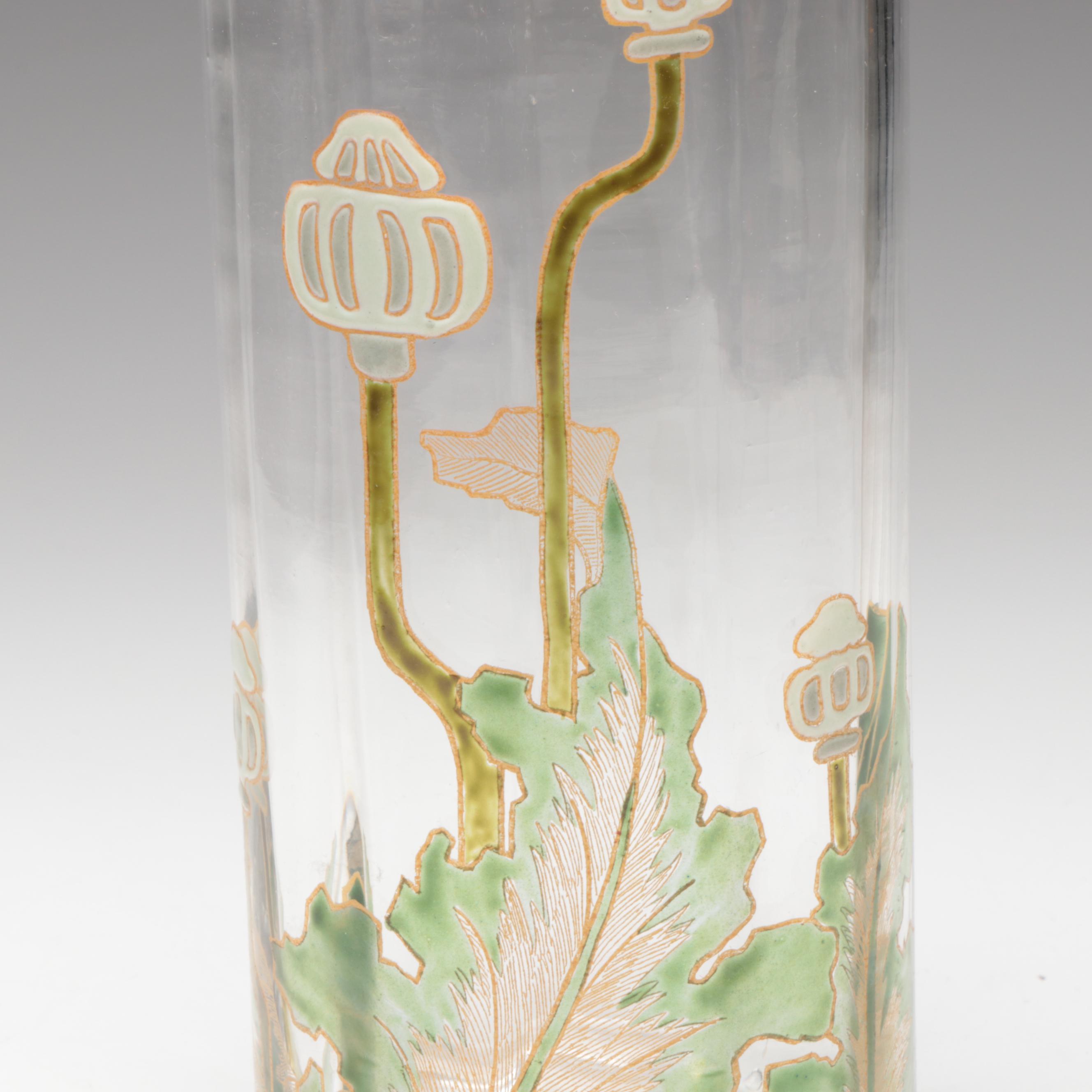 Art Nouveau Mont Joye Style Floral Enameled Optic Glass Vase