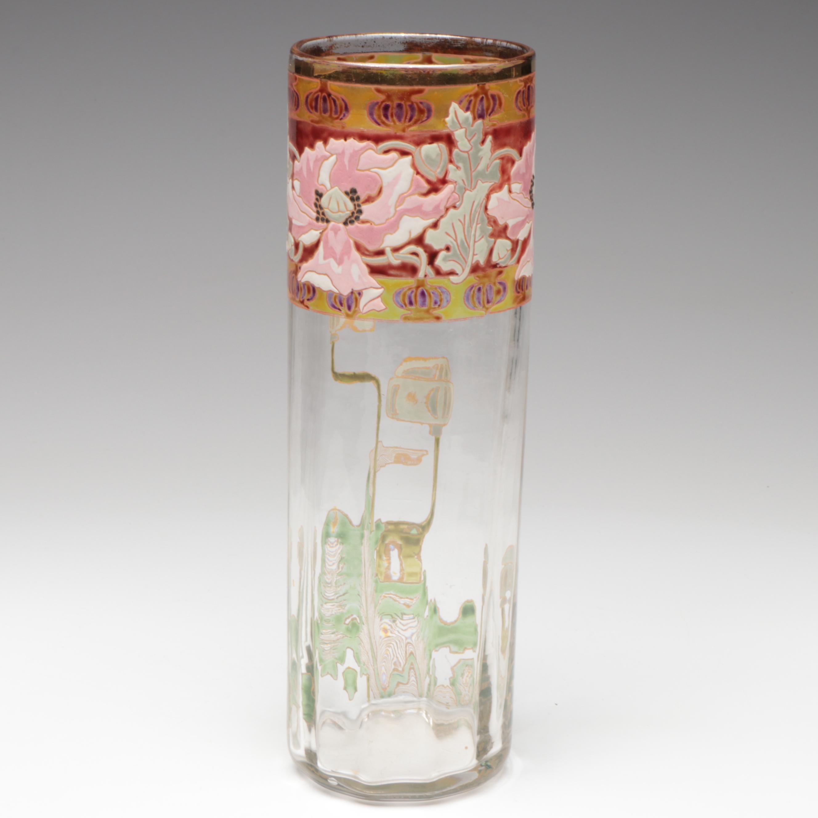 Art Nouveau Mont Joye Style Floral Enameled Optic Glass Vase