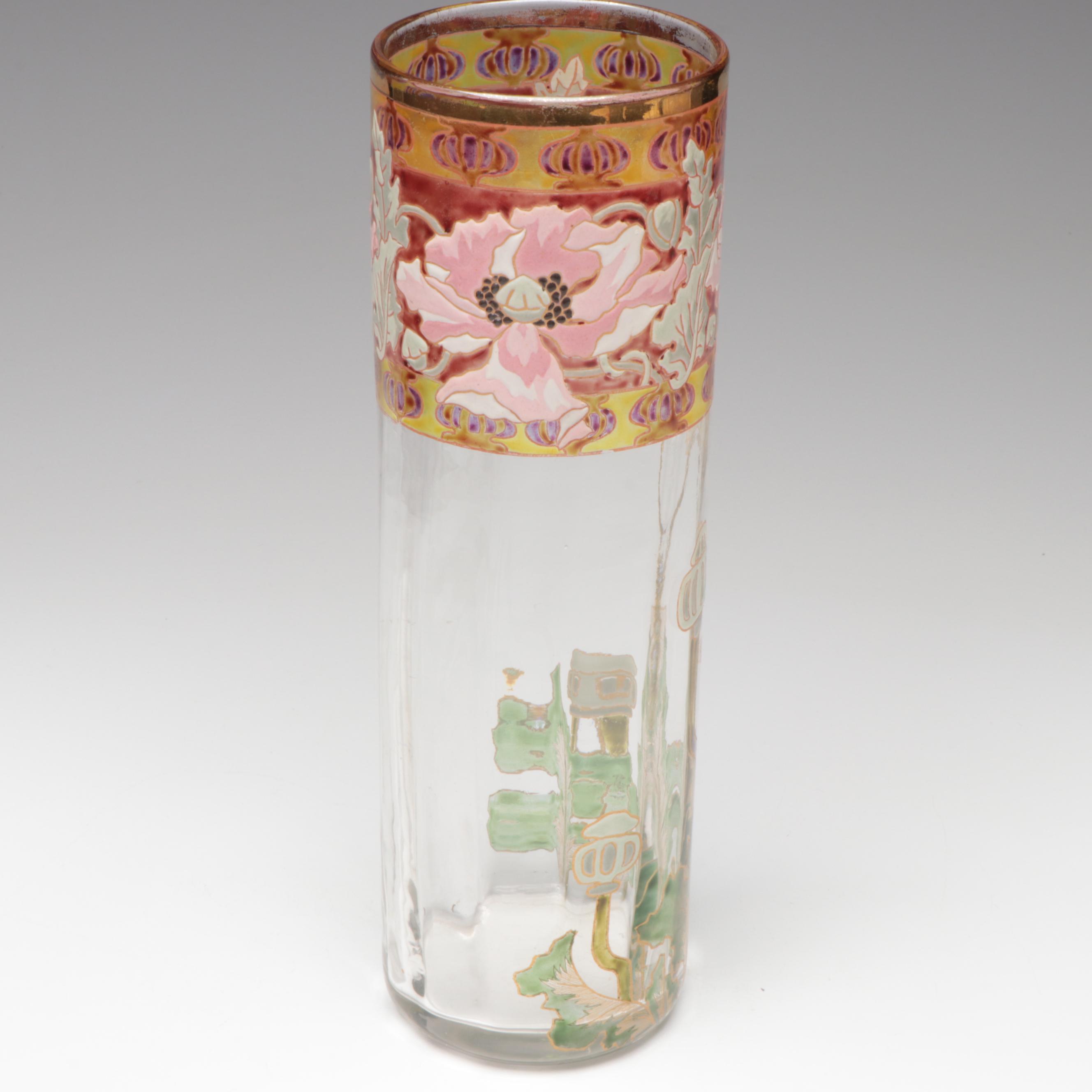 Art Nouveau Mont Joye Style Floral Enameled Optic Glass Vase