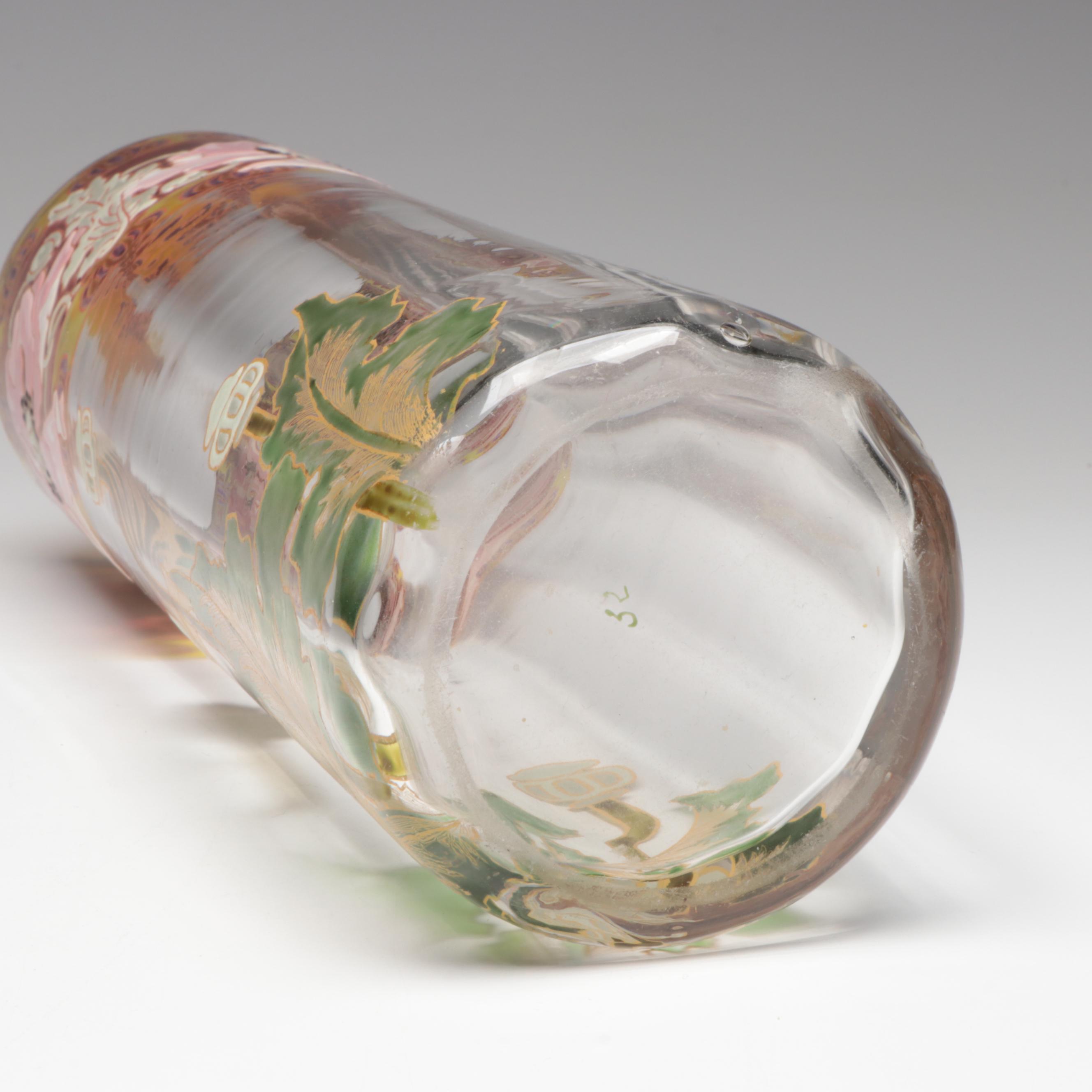 Art Nouveau Mont Joye Style Floral Enameled Optic Glass Vase