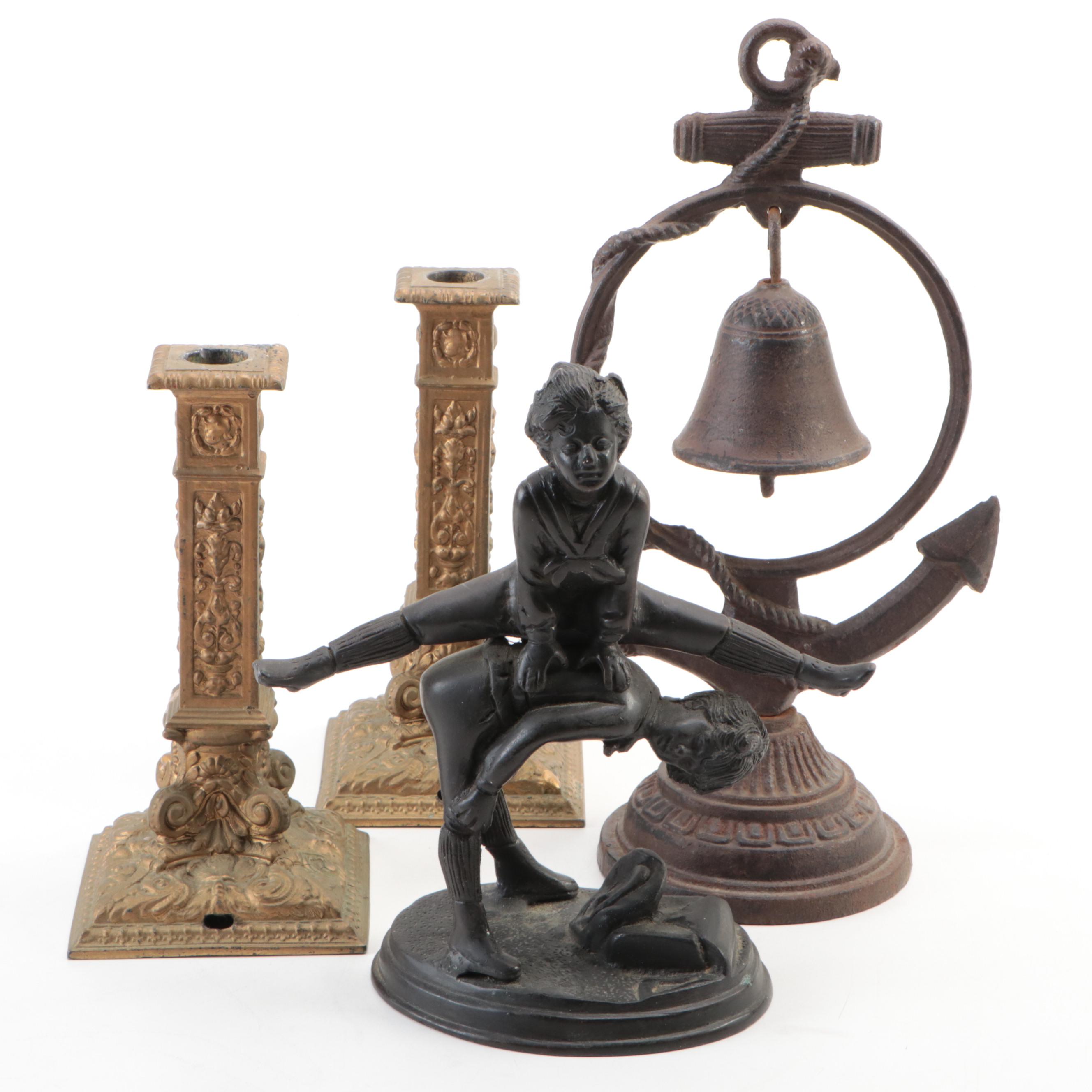 Rococo Style Gilt Metal Candlesticks with Other Cast Metal Bell and Figurine