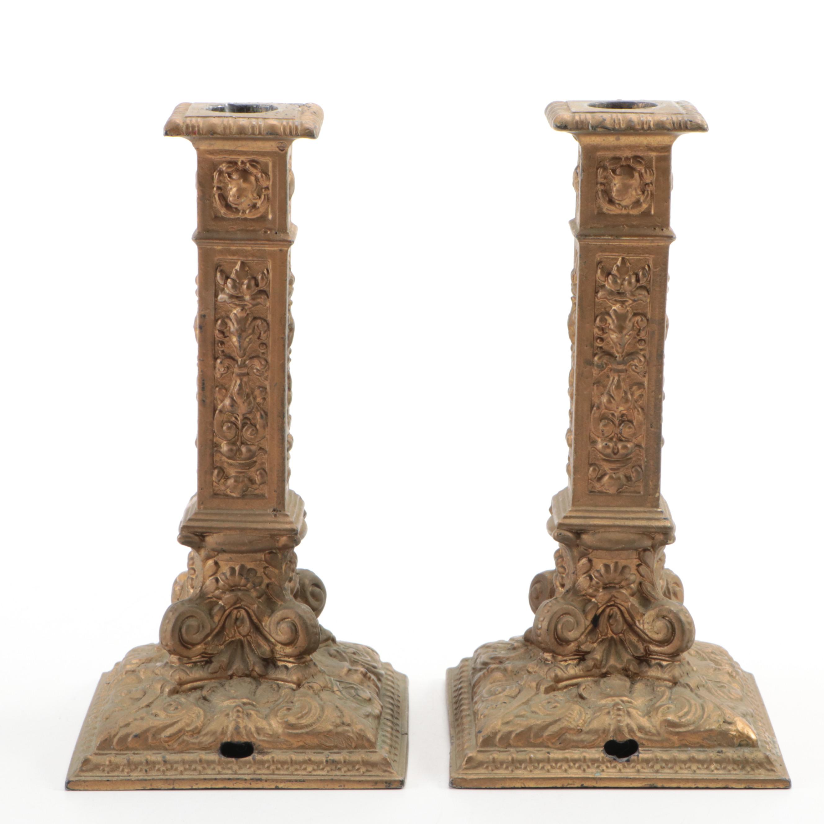 Rococo Style Gilt Metal Candlesticks with Other Cast Metal Bell and Figurine