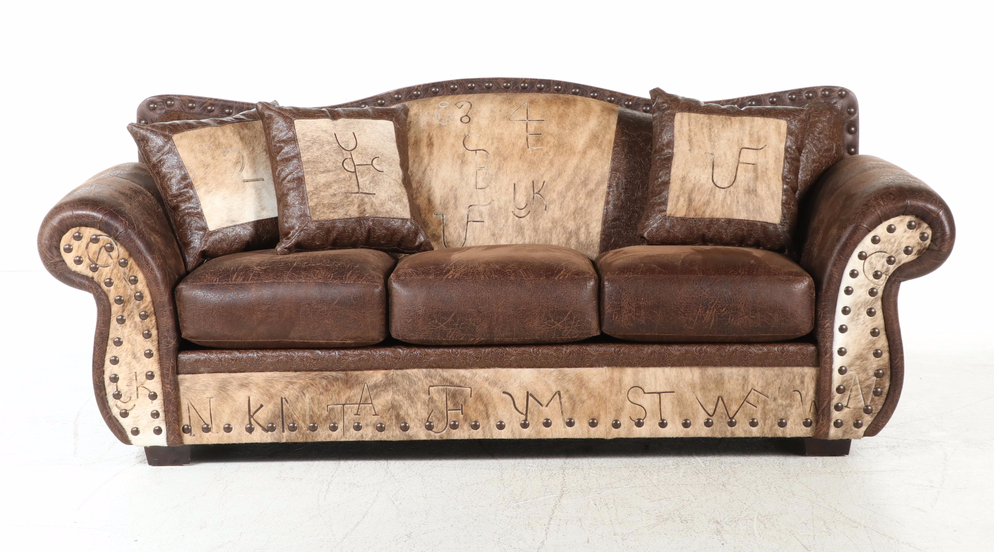Southwestern Ranch Style Embossed Leather and Cowhide Sofa