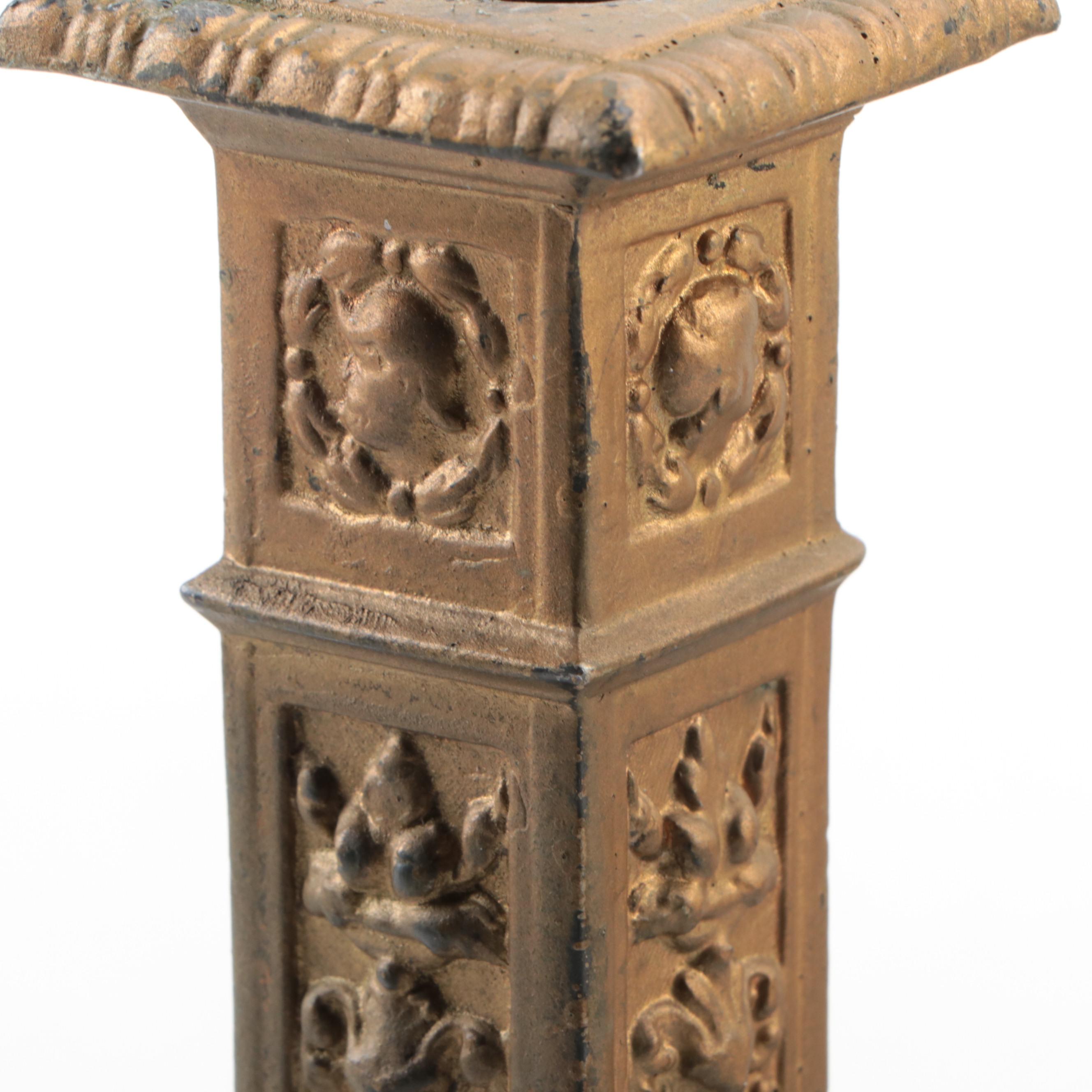 Rococo Style Gilt Metal Candlesticks with Other Cast Metal Bell and Figurine