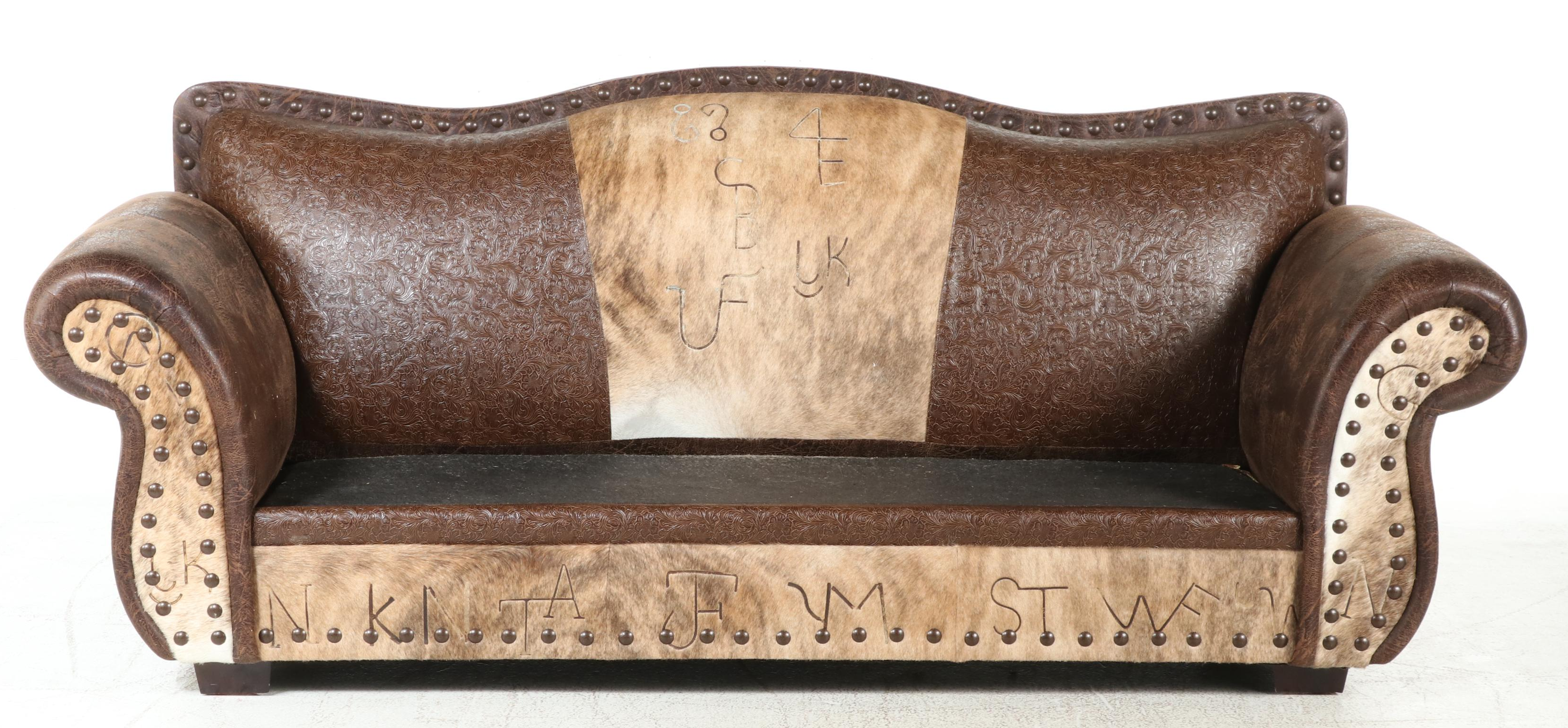 Southwestern Ranch Style Embossed Leather and Cowhide Sofa