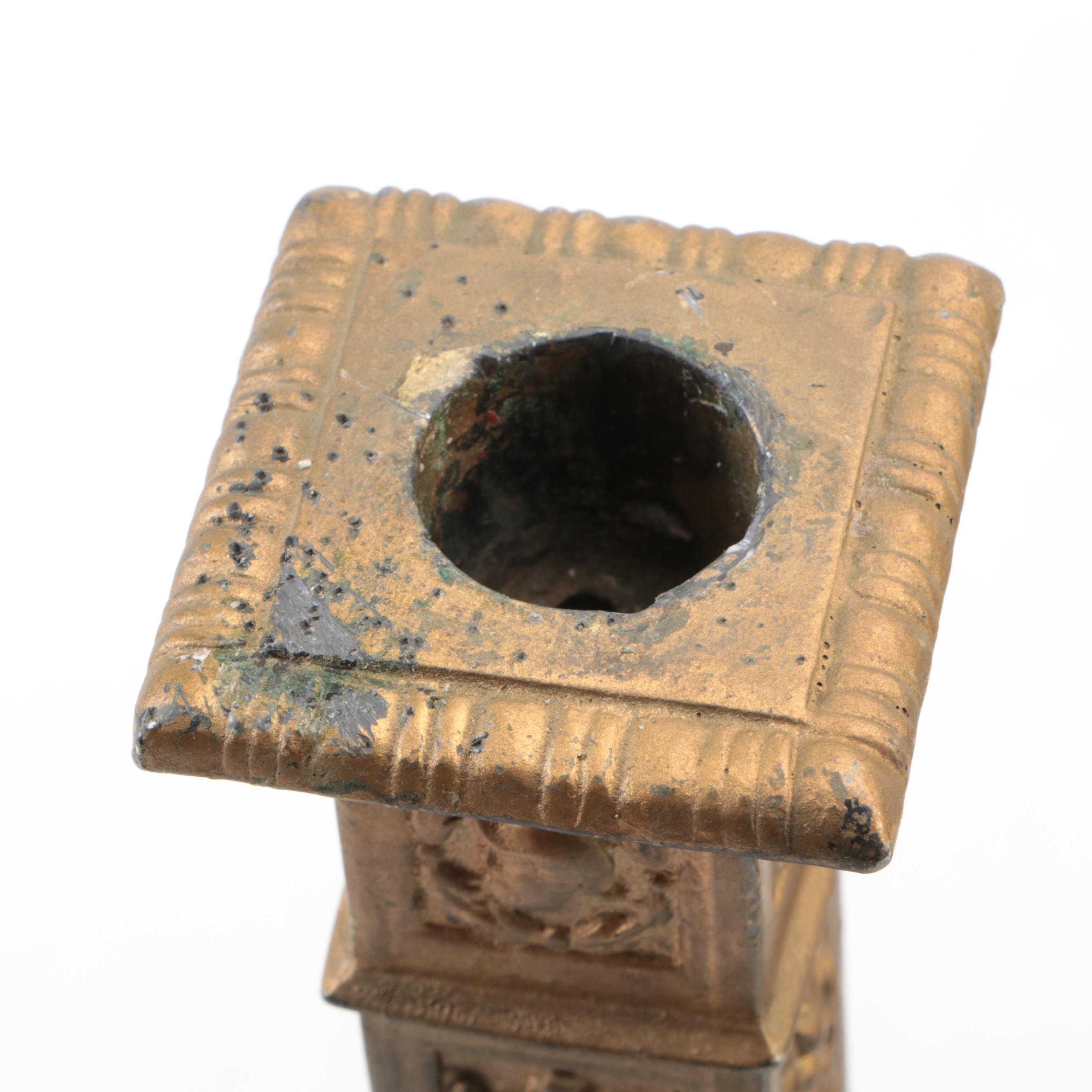 Rococo Style Gilt Metal Candlesticks with Other Cast Metal Bell and Figurine