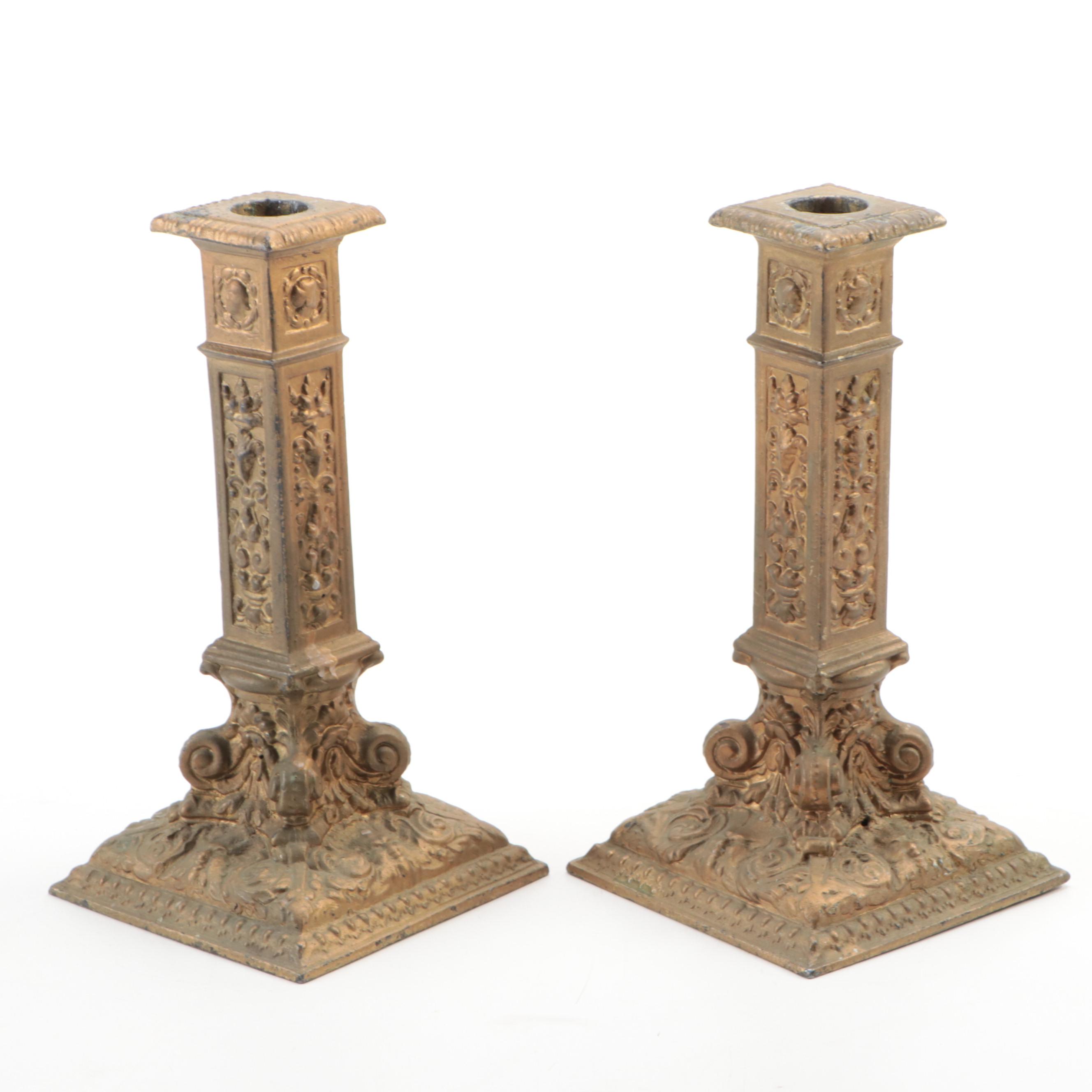 Rococo Style Gilt Metal Candlesticks with Other Cast Metal Bell and Figurine