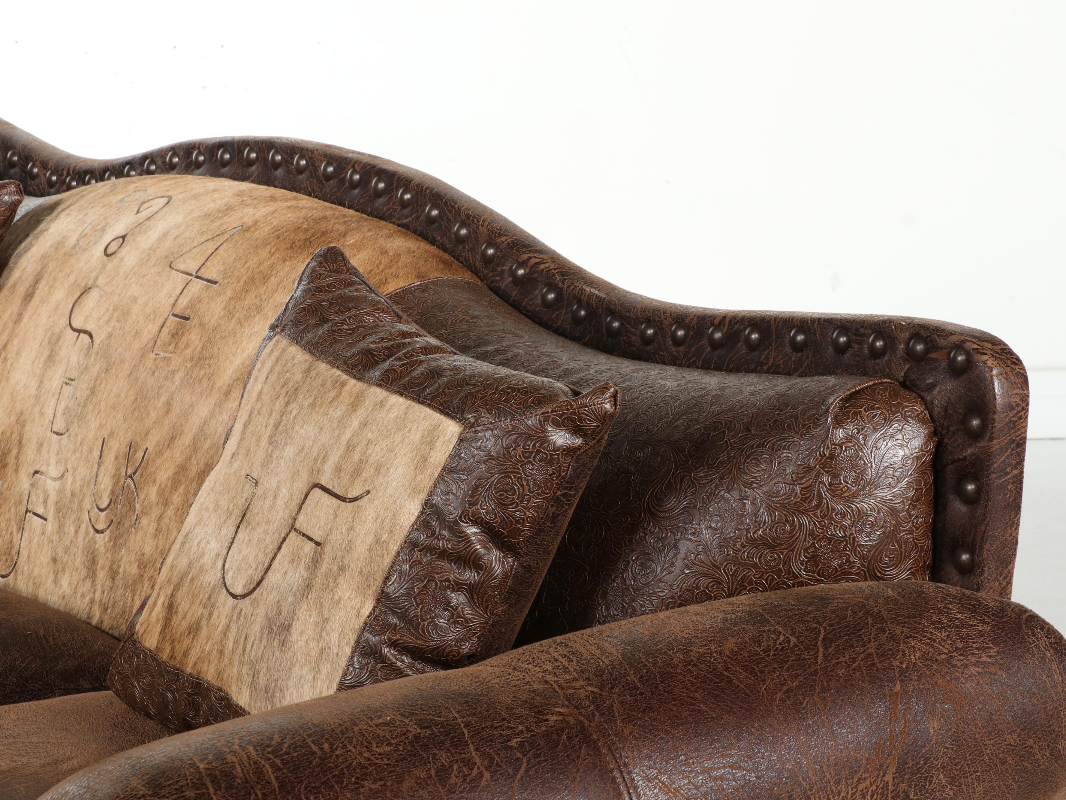 Southwestern Ranch Style Embossed Leather and Cowhide Sofa