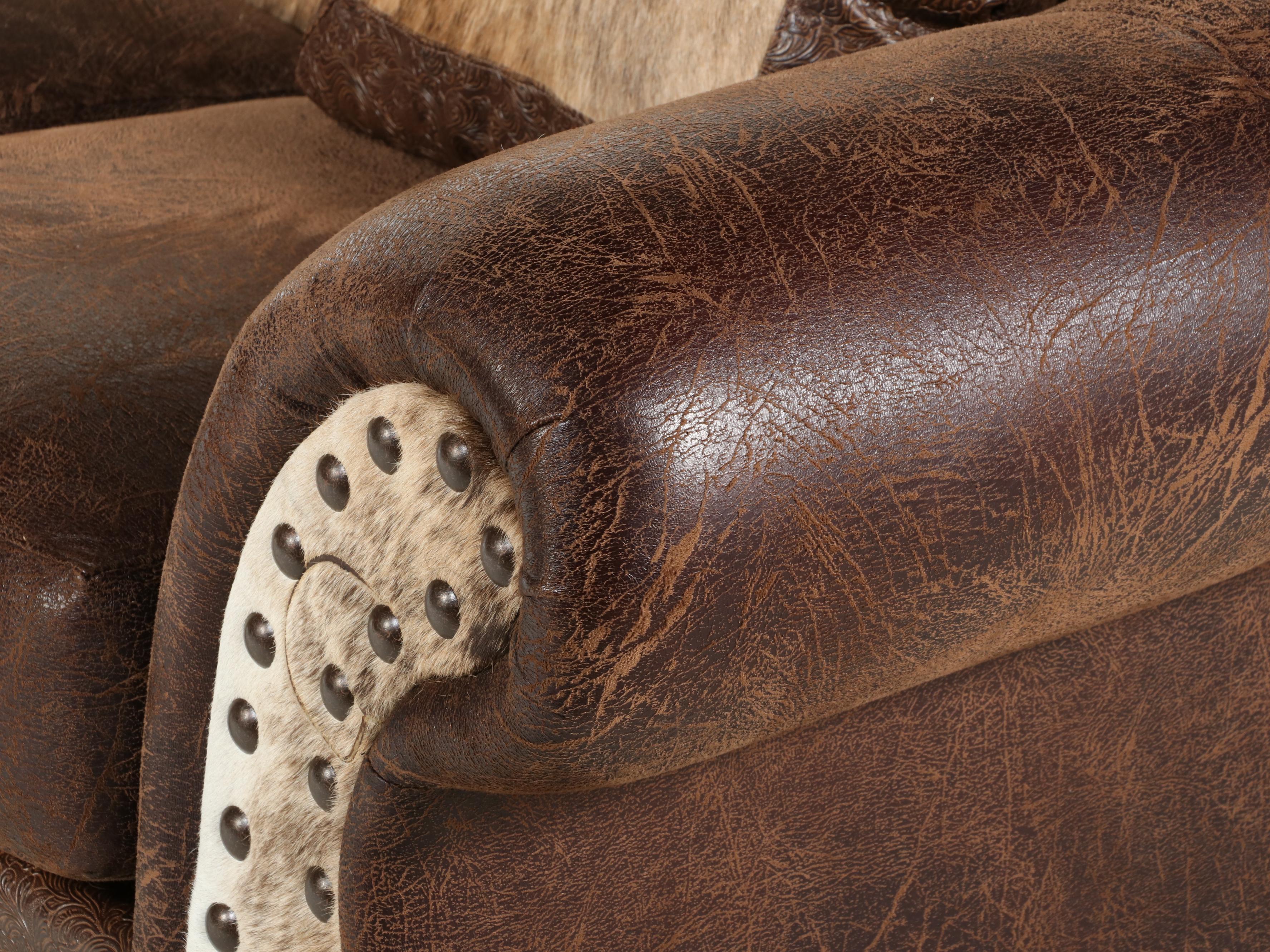 Southwestern Ranch Style Embossed Leather and Cowhide Sofa