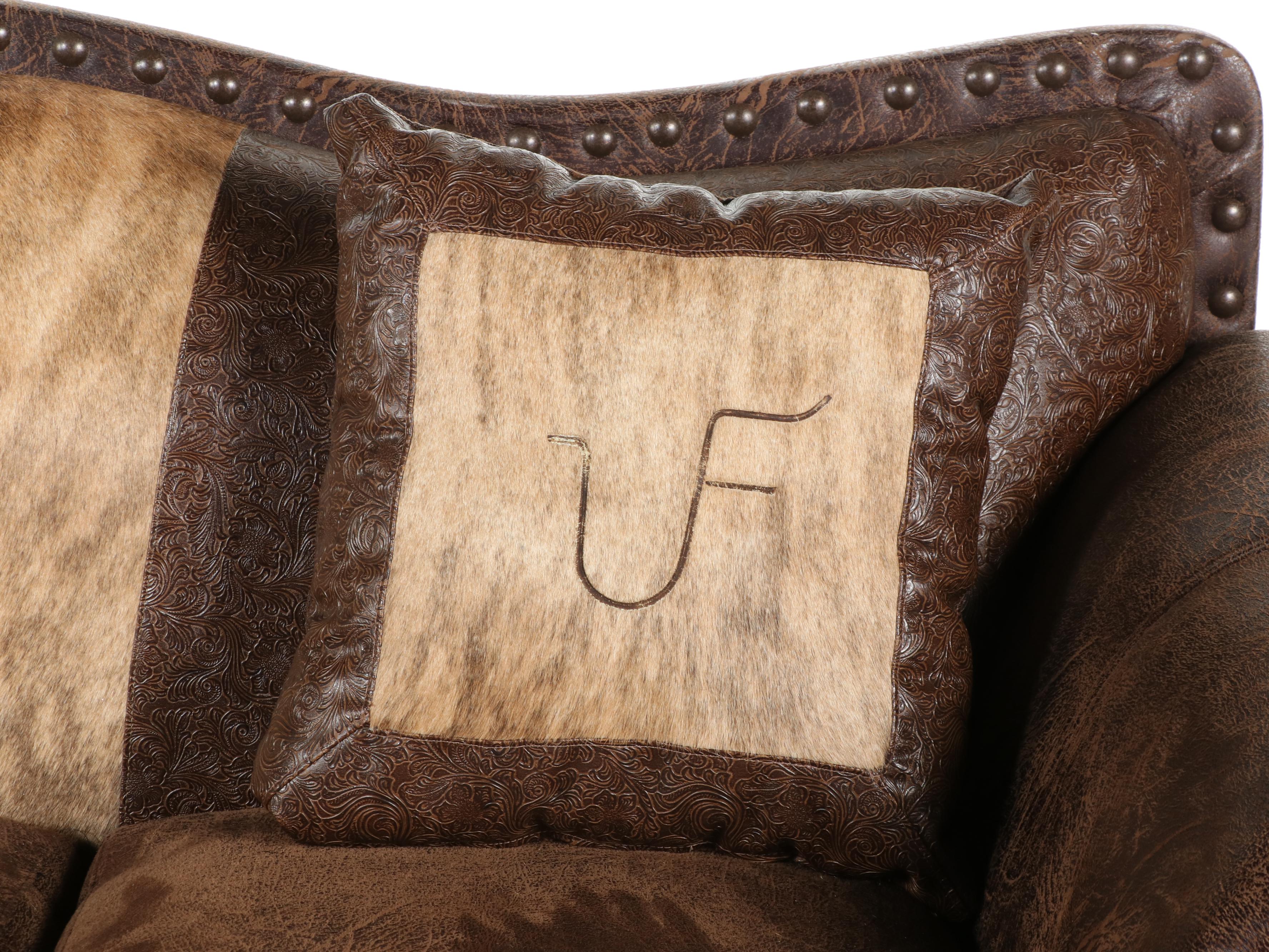 Southwestern Ranch Style Embossed Leather and Cowhide Sofa