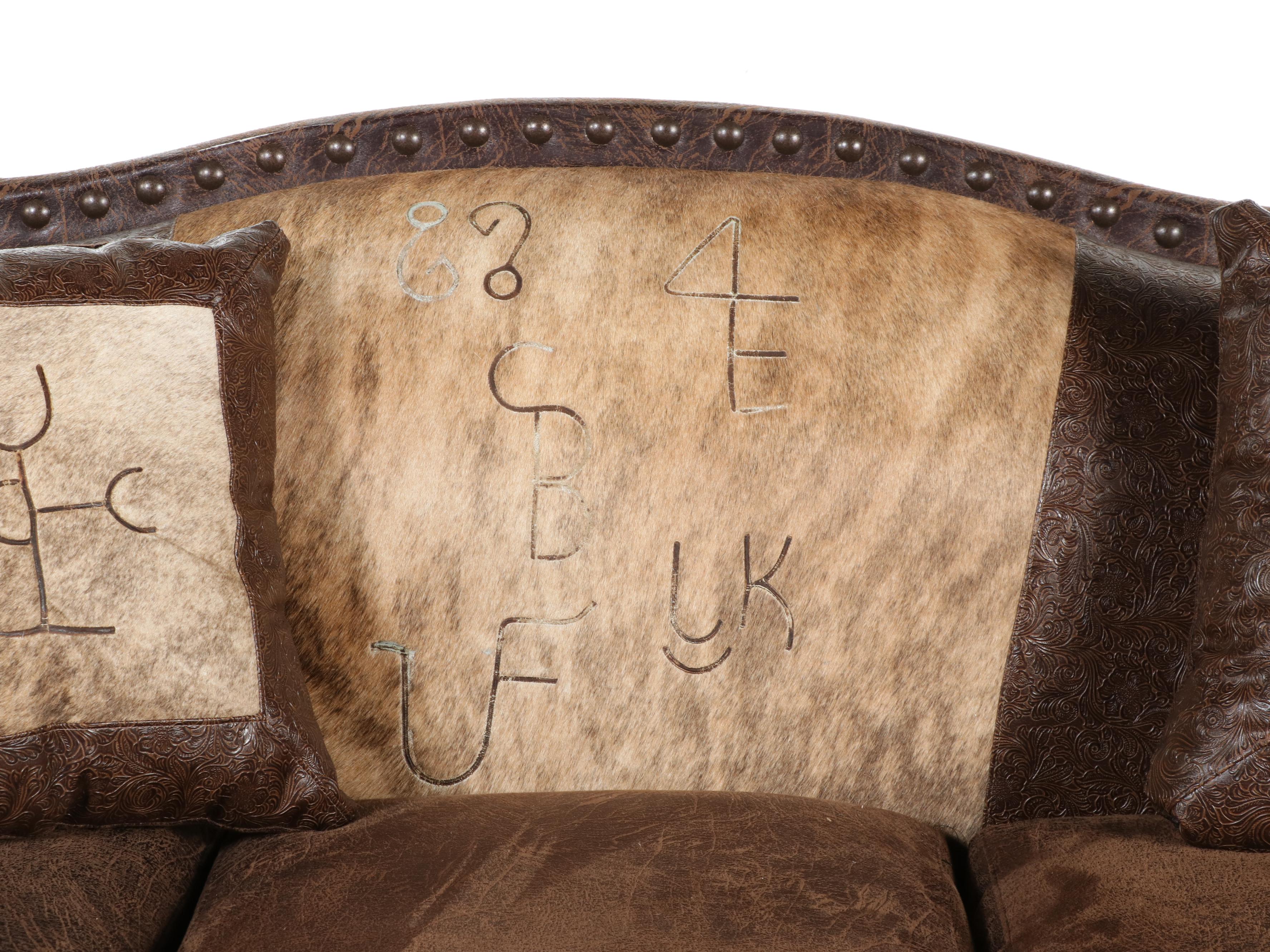 Southwestern Ranch Style Embossed Leather and Cowhide Sofa