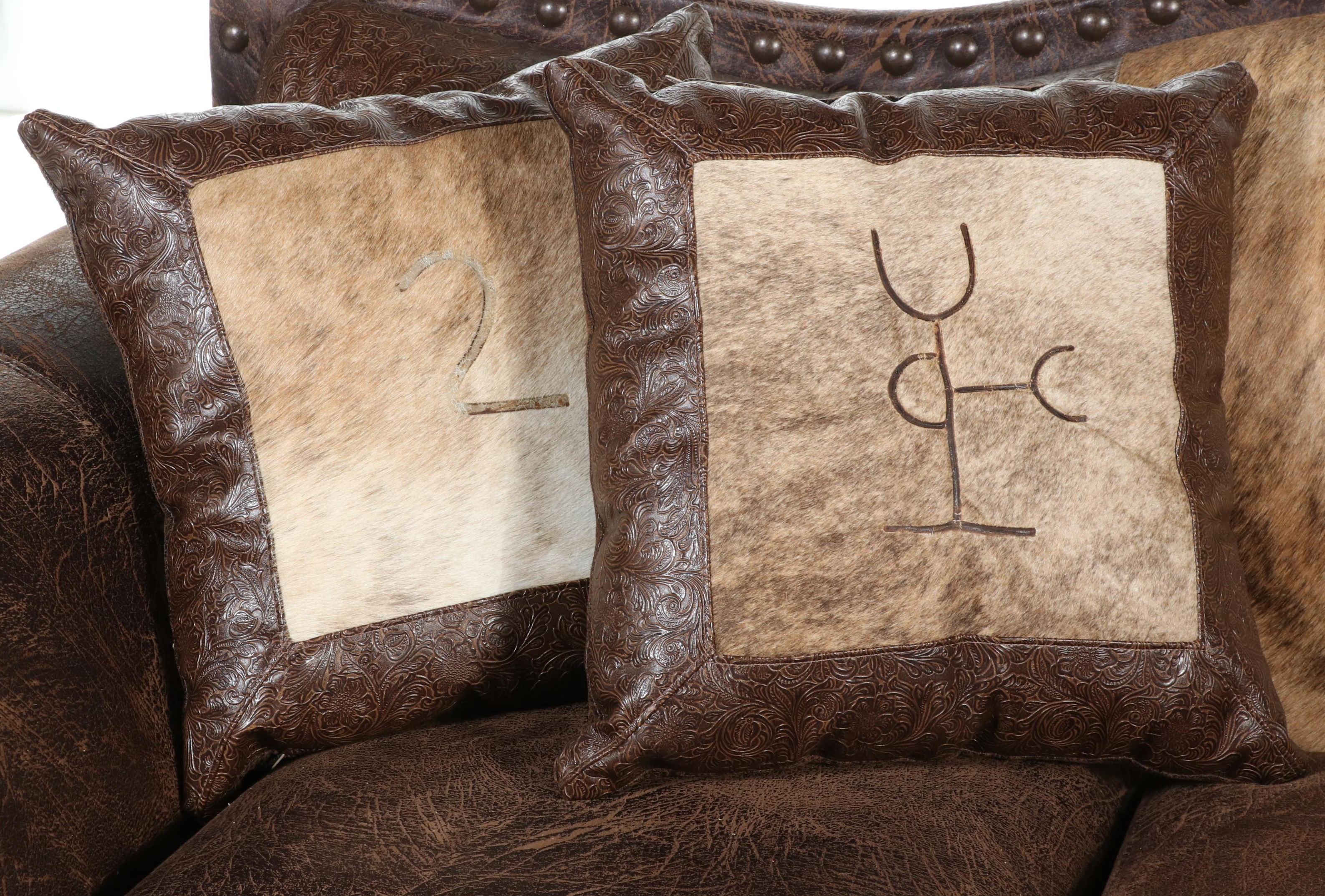 Southwestern Ranch Style Embossed Leather and Cowhide Sofa