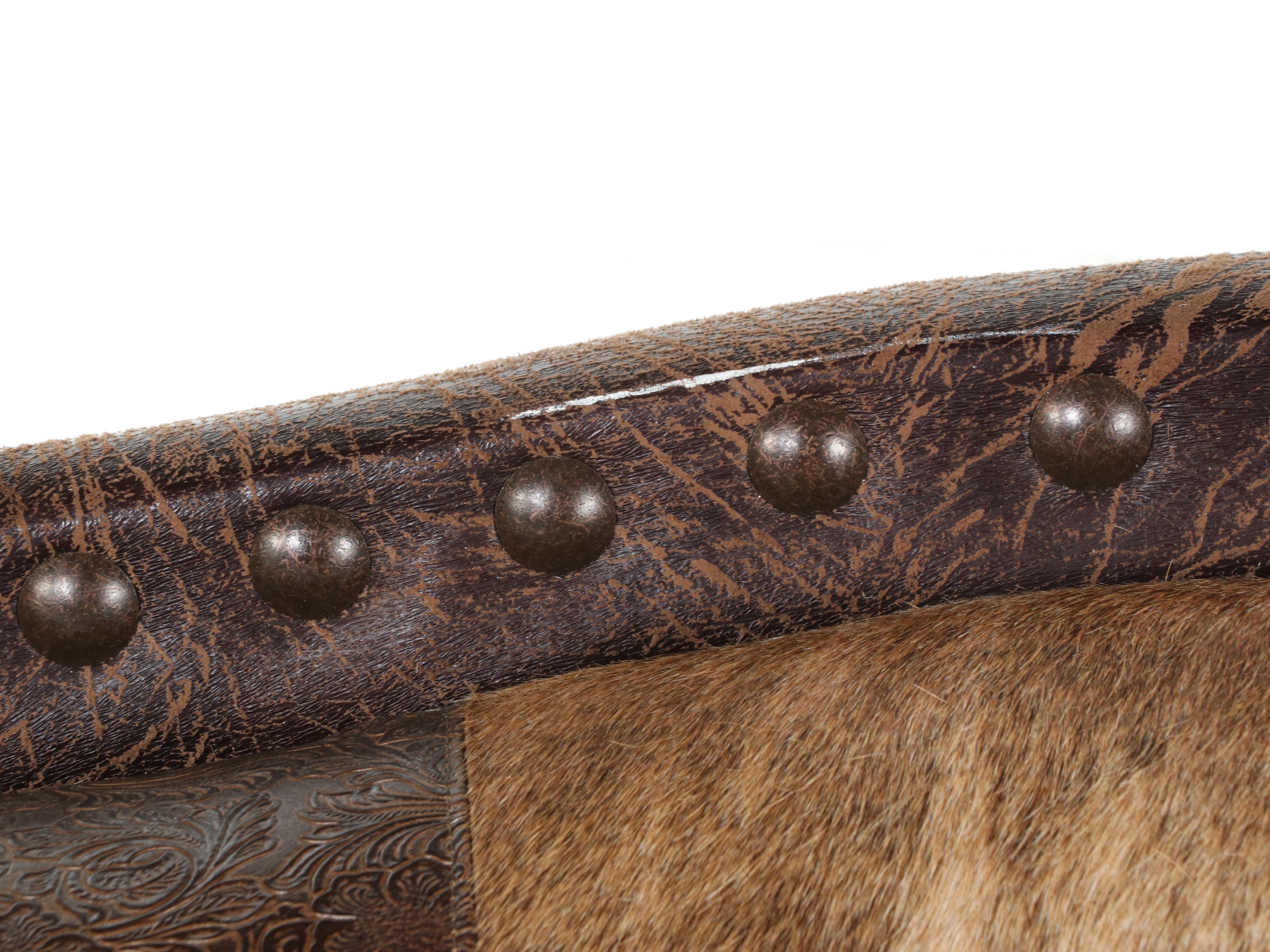 Southwestern Ranch Style Embossed Leather and Cowhide Sofa