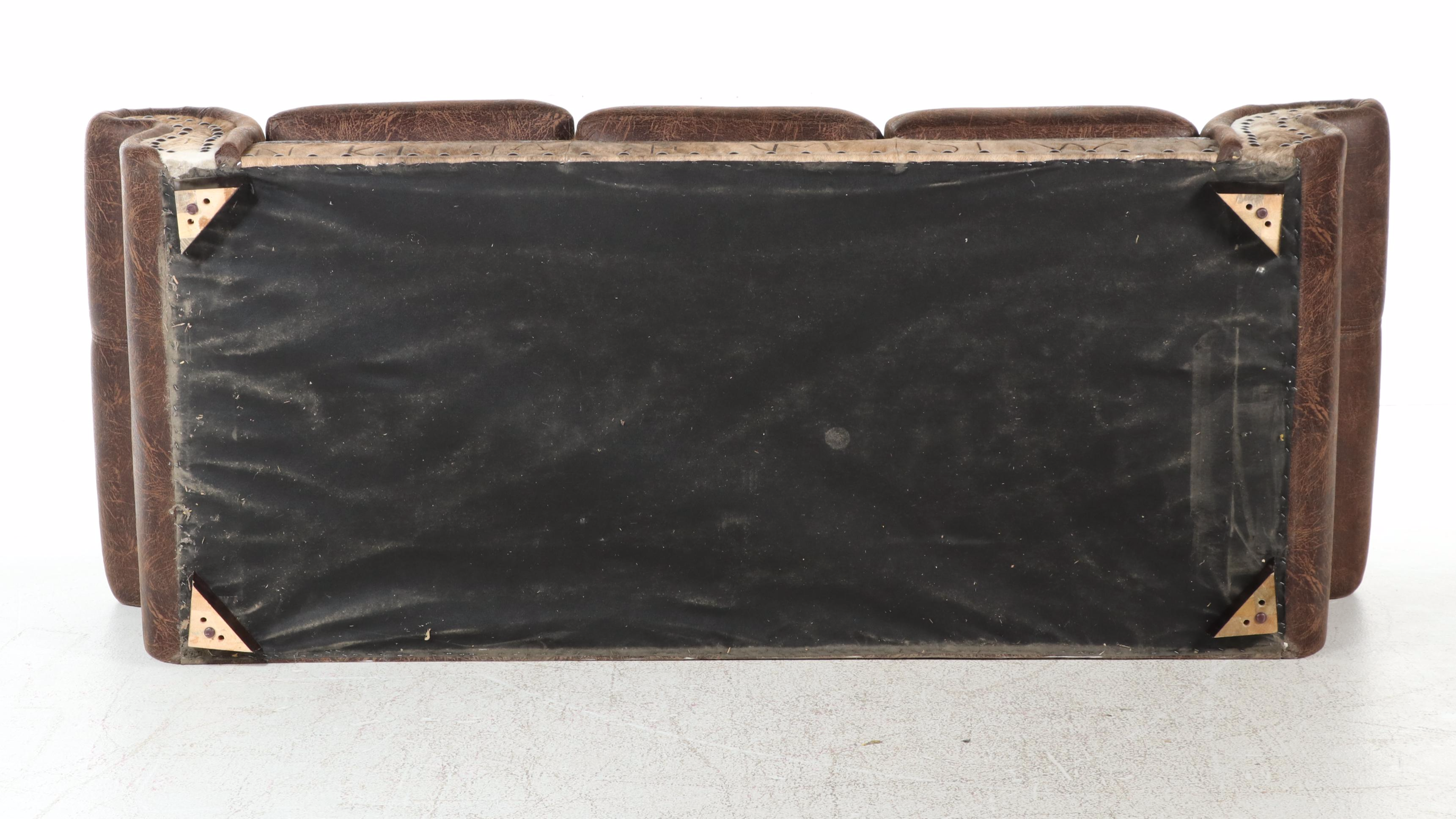 Southwestern Ranch Style Embossed Leather and Cowhide Sofa