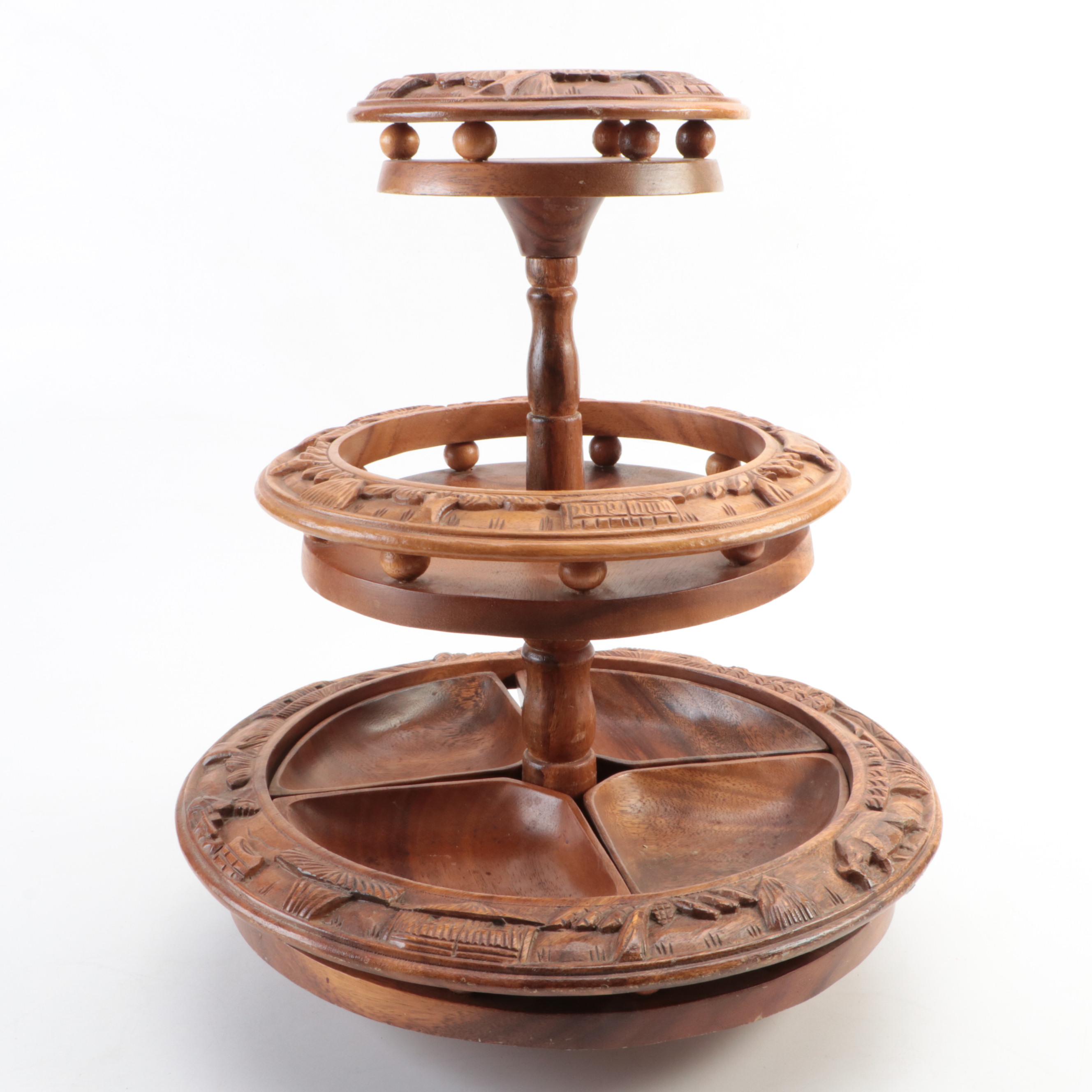 Mid Century Modern Style Monkey Pod Three-Tier Pineapple Top Lazy Susan