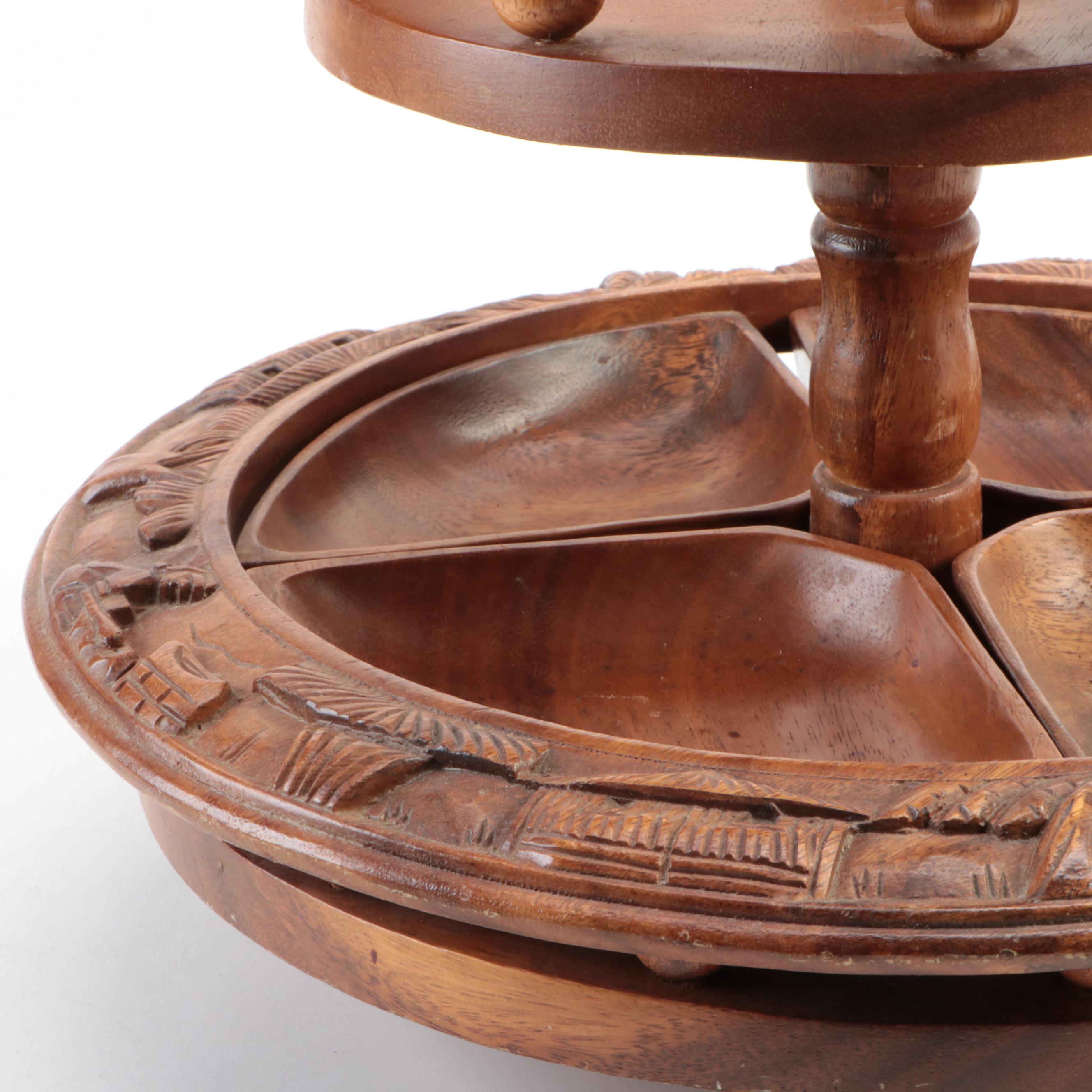 Mid Century Modern Style Monkey Pod Three-Tier Pineapple Top Lazy Susan