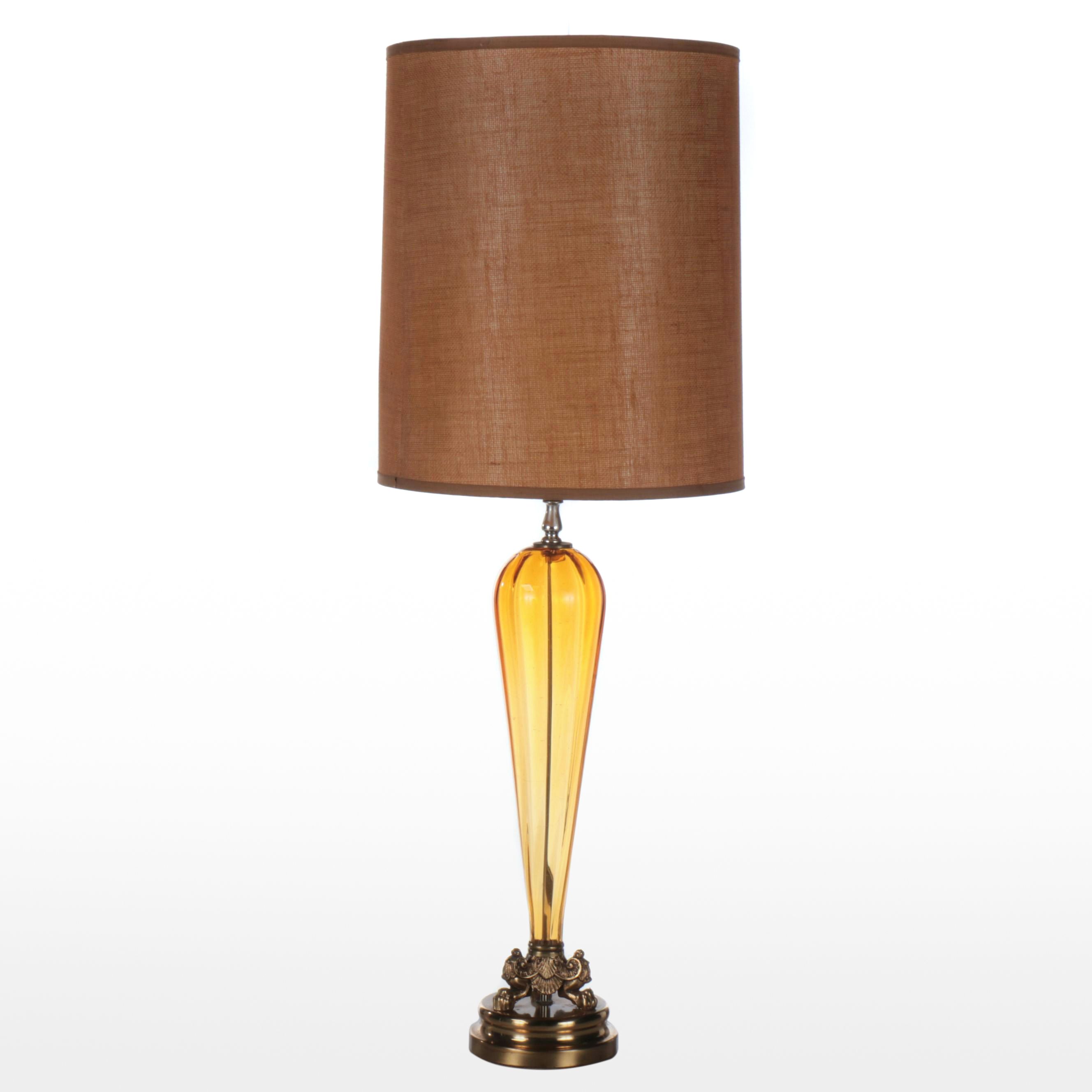 Barbini Style Amber Glass Table Lamp with Brass Tripod Base and Drum Shade