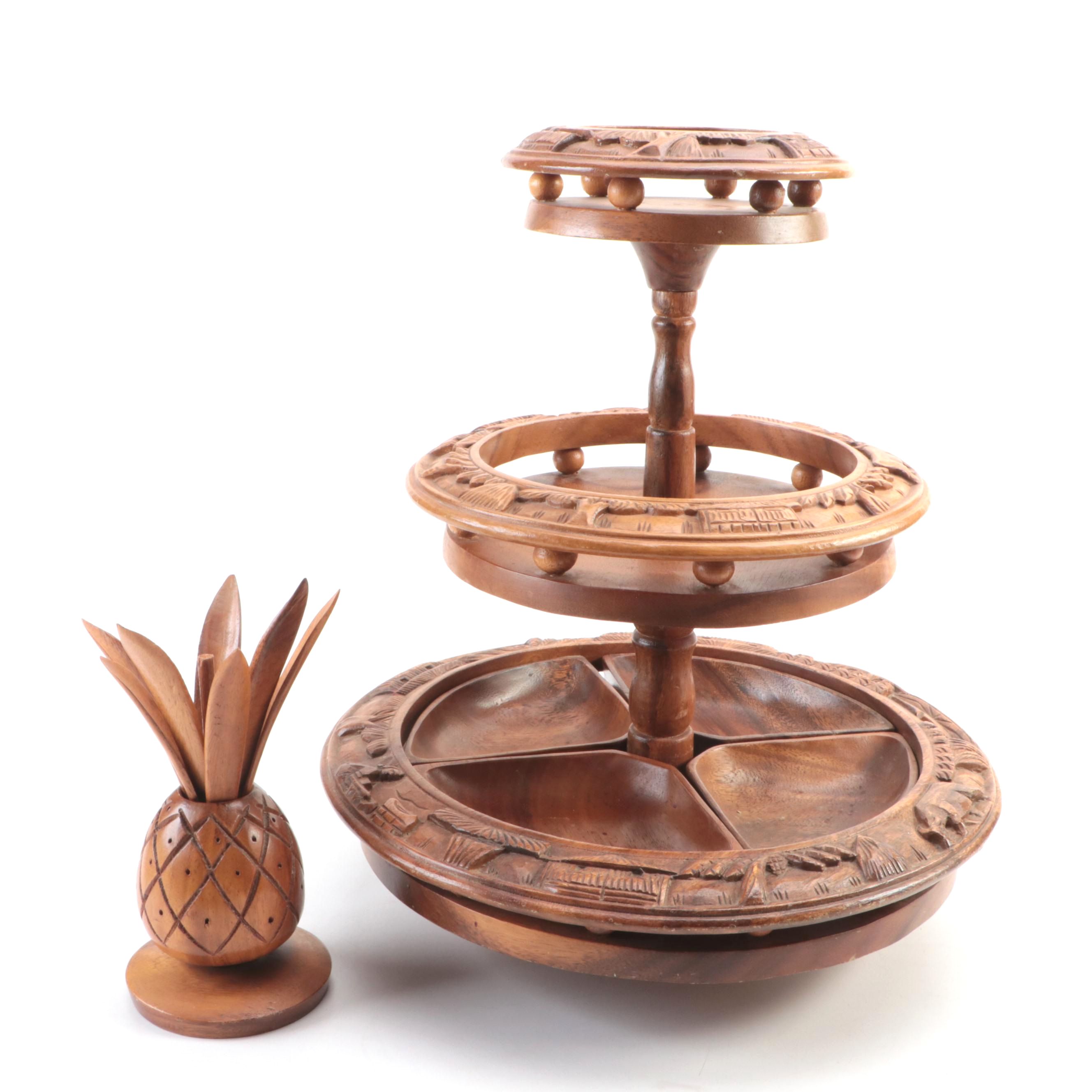 Mid Century Modern Style Monkey Pod Three-Tier Pineapple Top Lazy Susan
