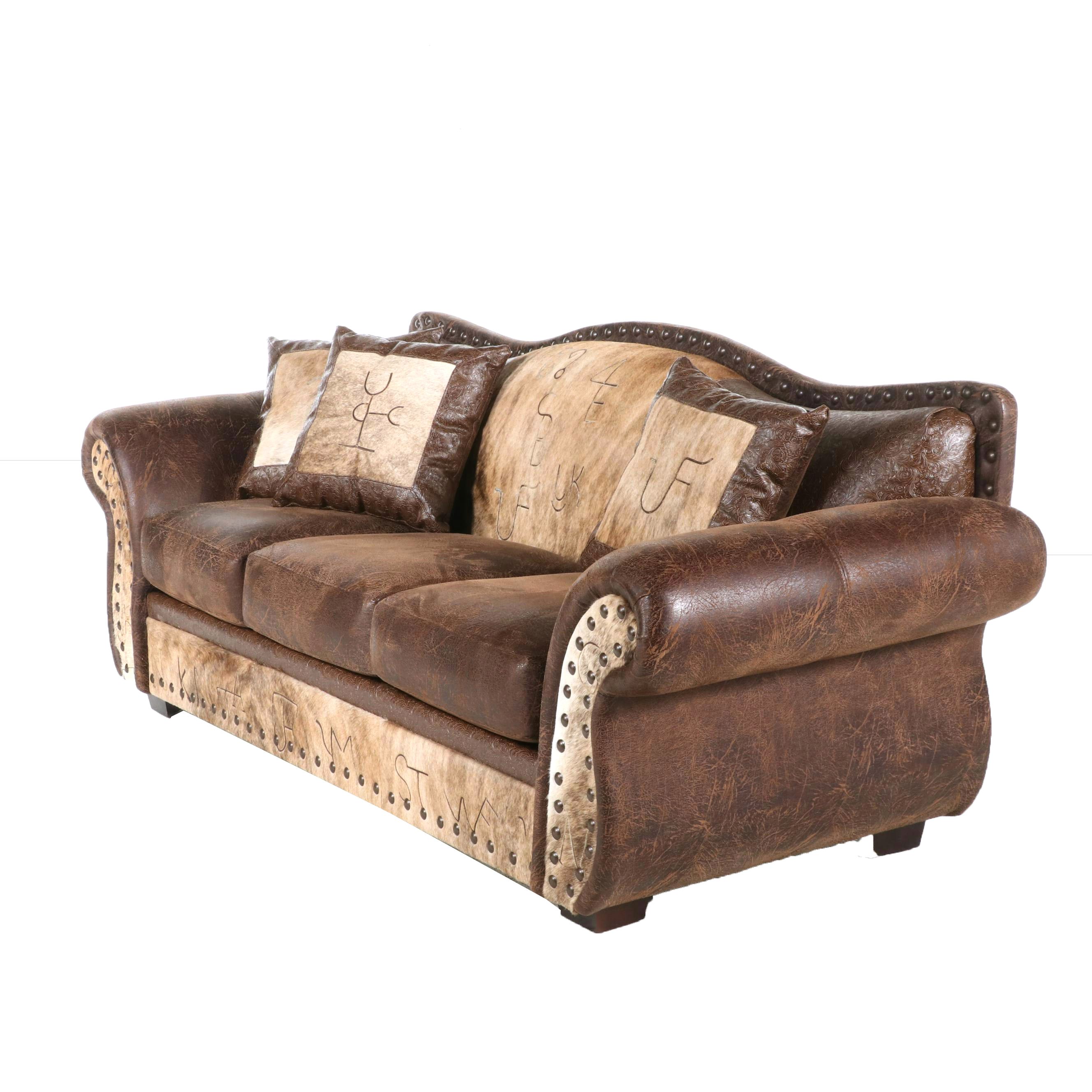 Southwestern Ranch Style Embossed Leather and Cowhide Sofa