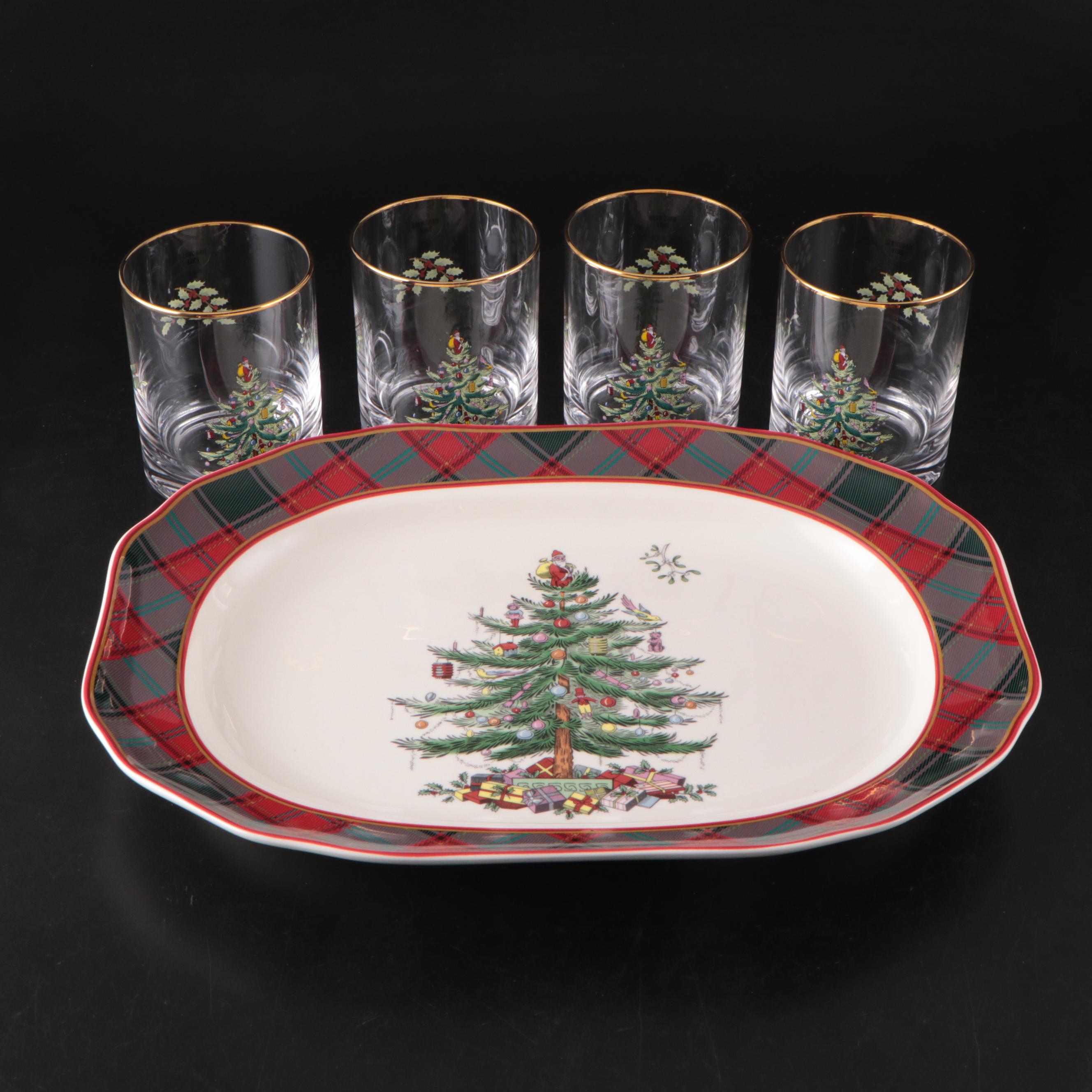 Spode "Christmas Tree" Tartan Platter and Glass Old Fashioned Glasses