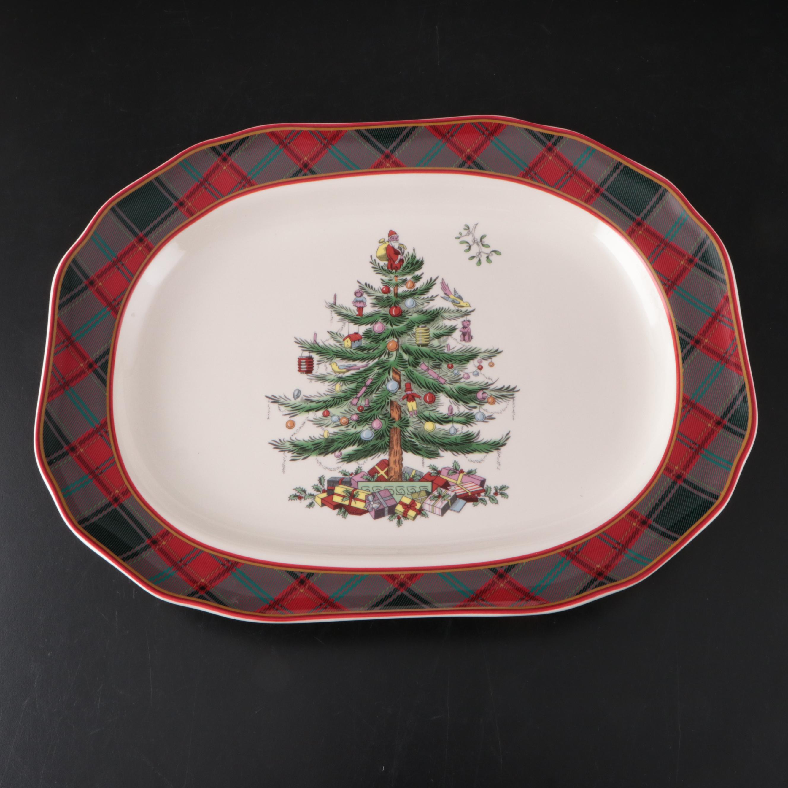 Spode "Christmas Tree" Tartan Platter and Glass Old Fashioned Glasses