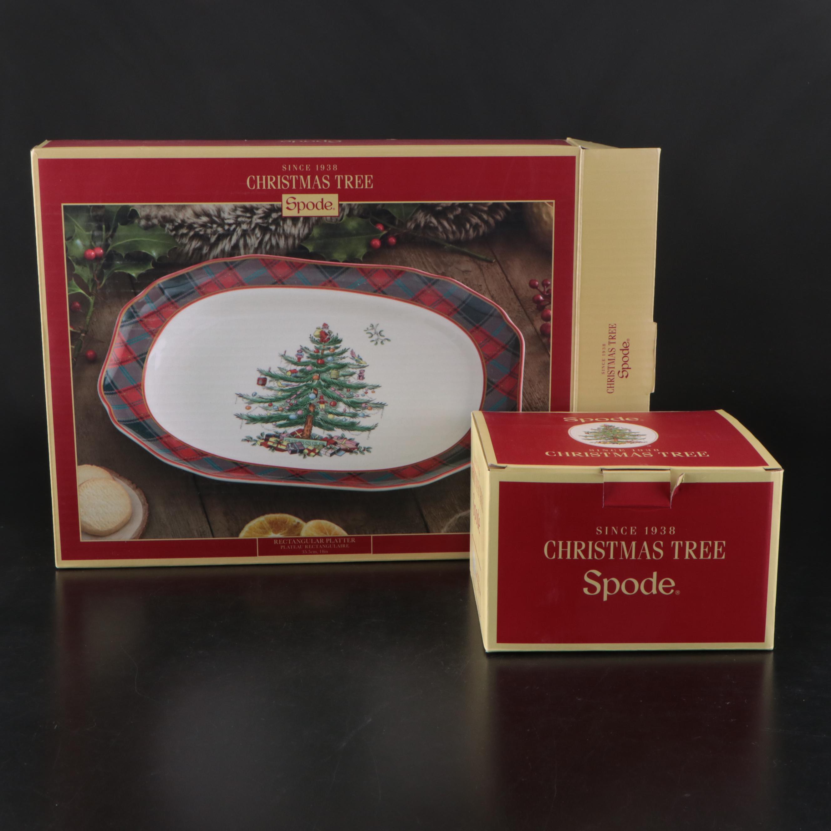 Spode "Christmas Tree" Tartan Platter and Glass Old Fashioned Glasses