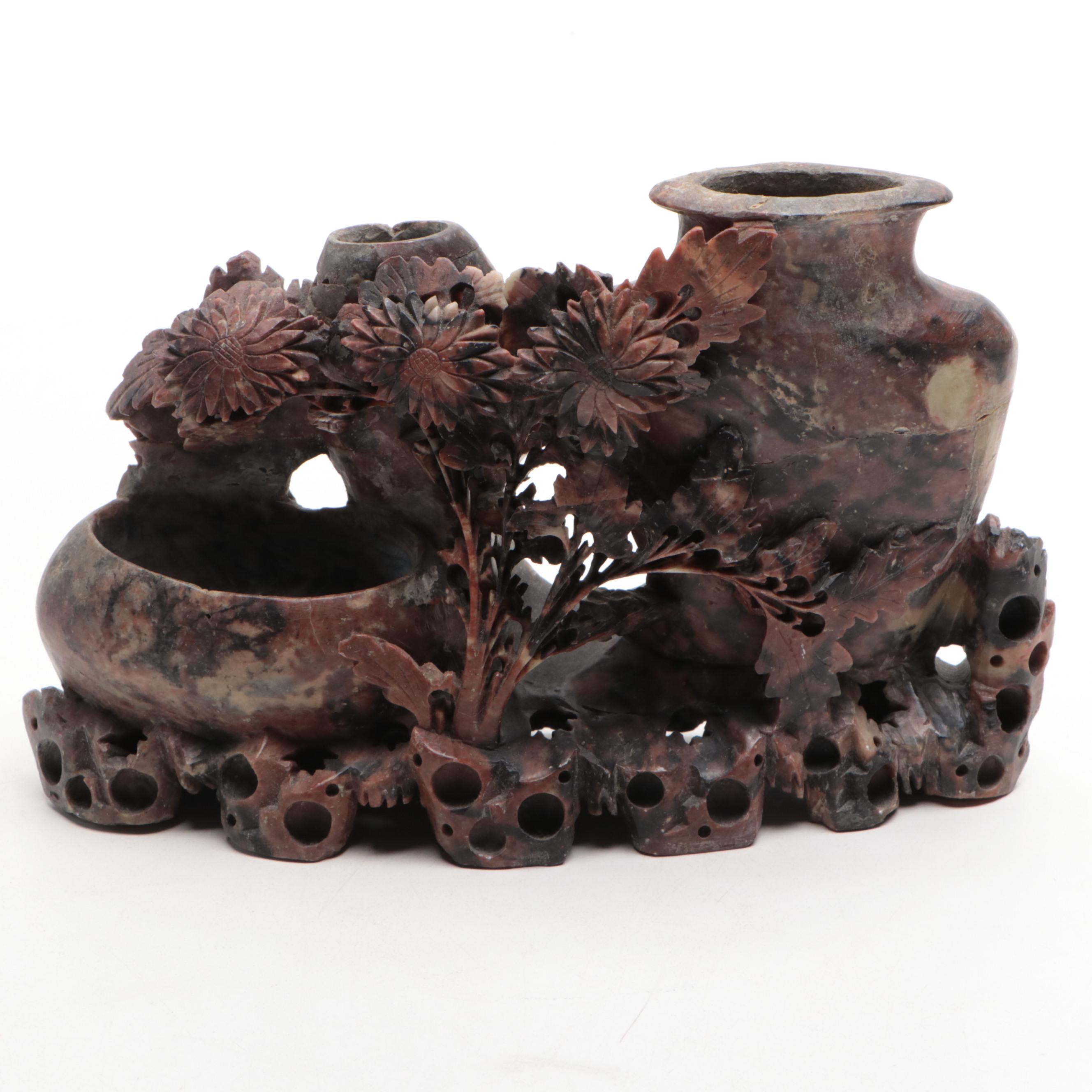 Chinese Soapstone Carved Brush Pot Vase and Floral Vase