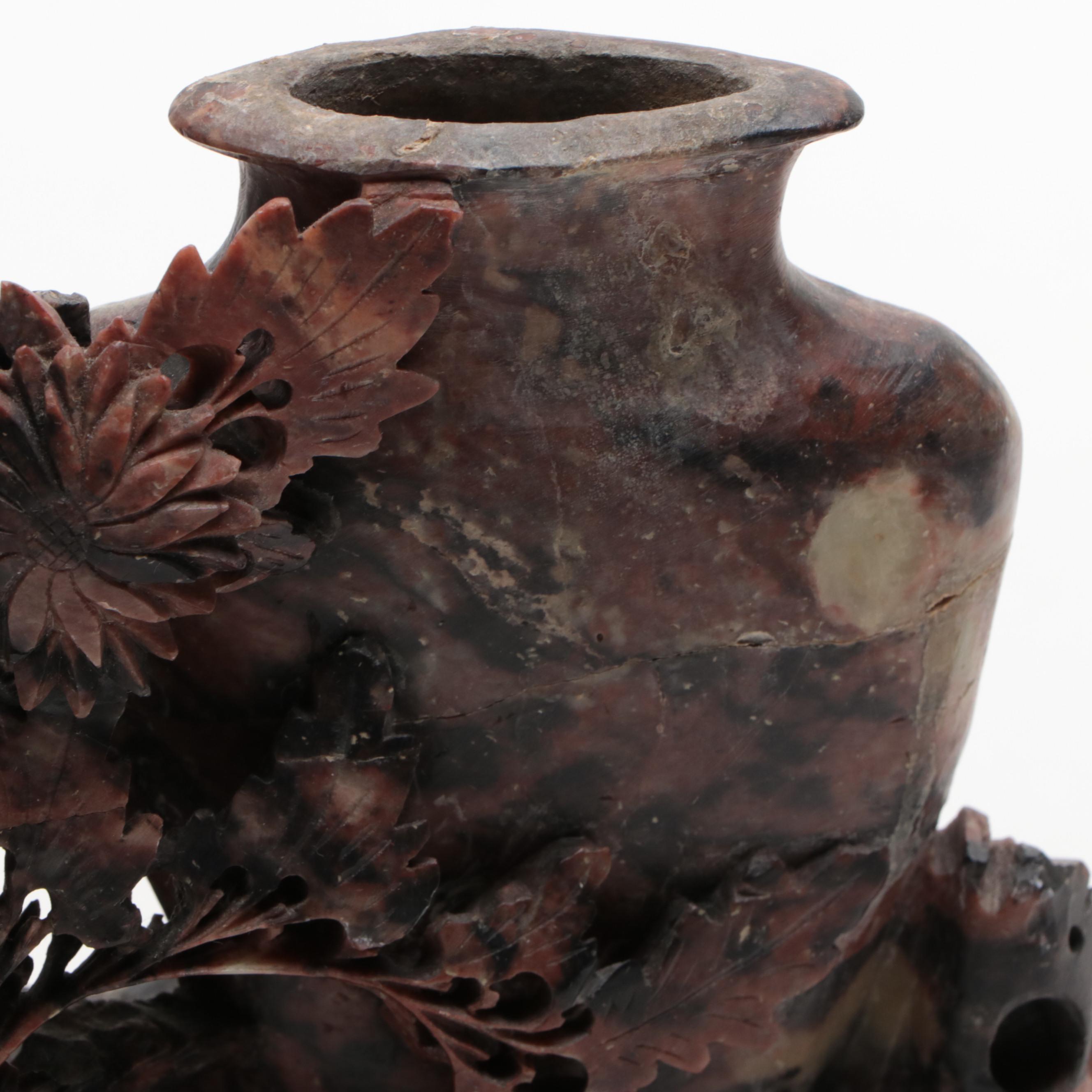 Chinese Soapstone Carved Brush Pot Vase and Floral Vase