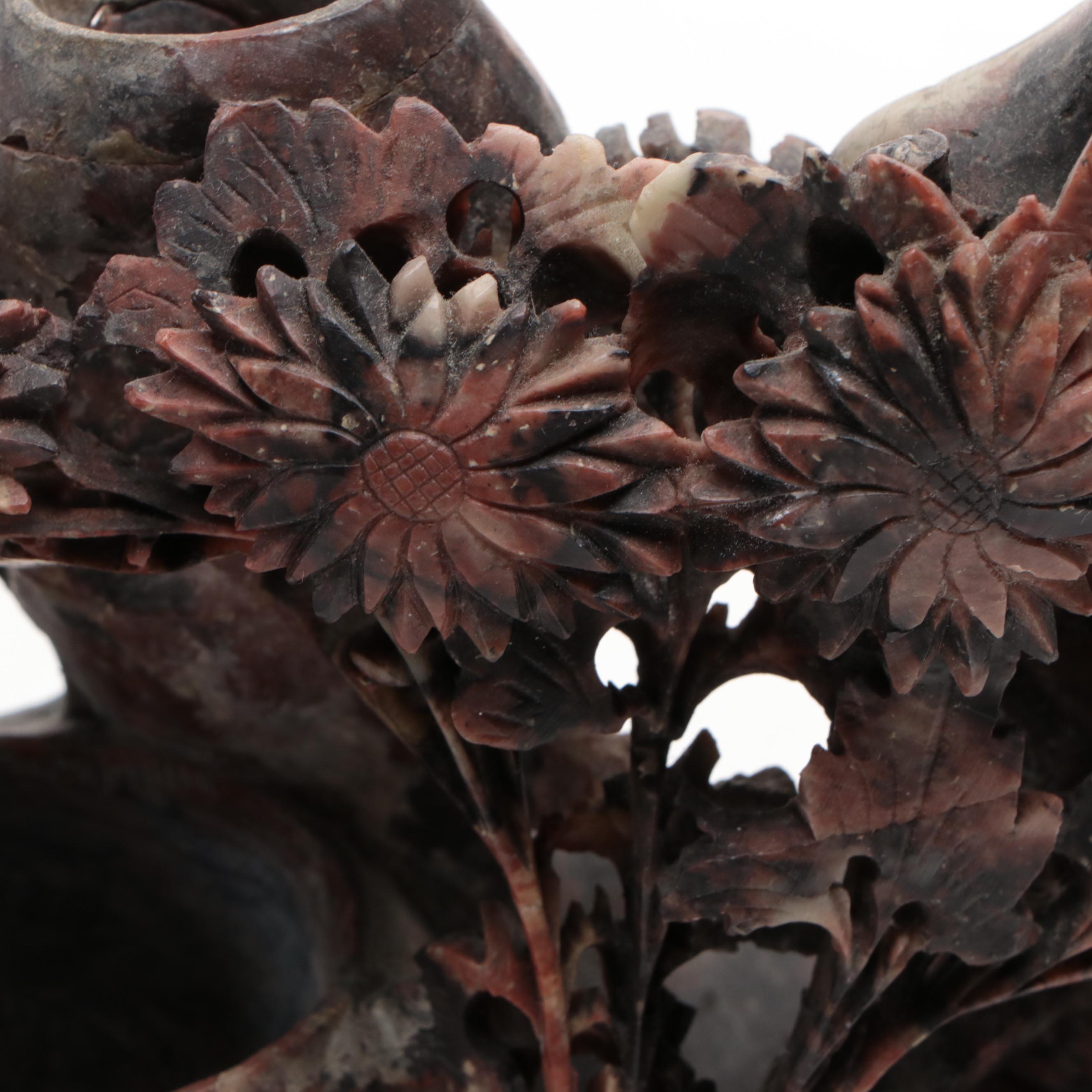 Chinese Soapstone Carved Brush Pot Vase and Floral Vase