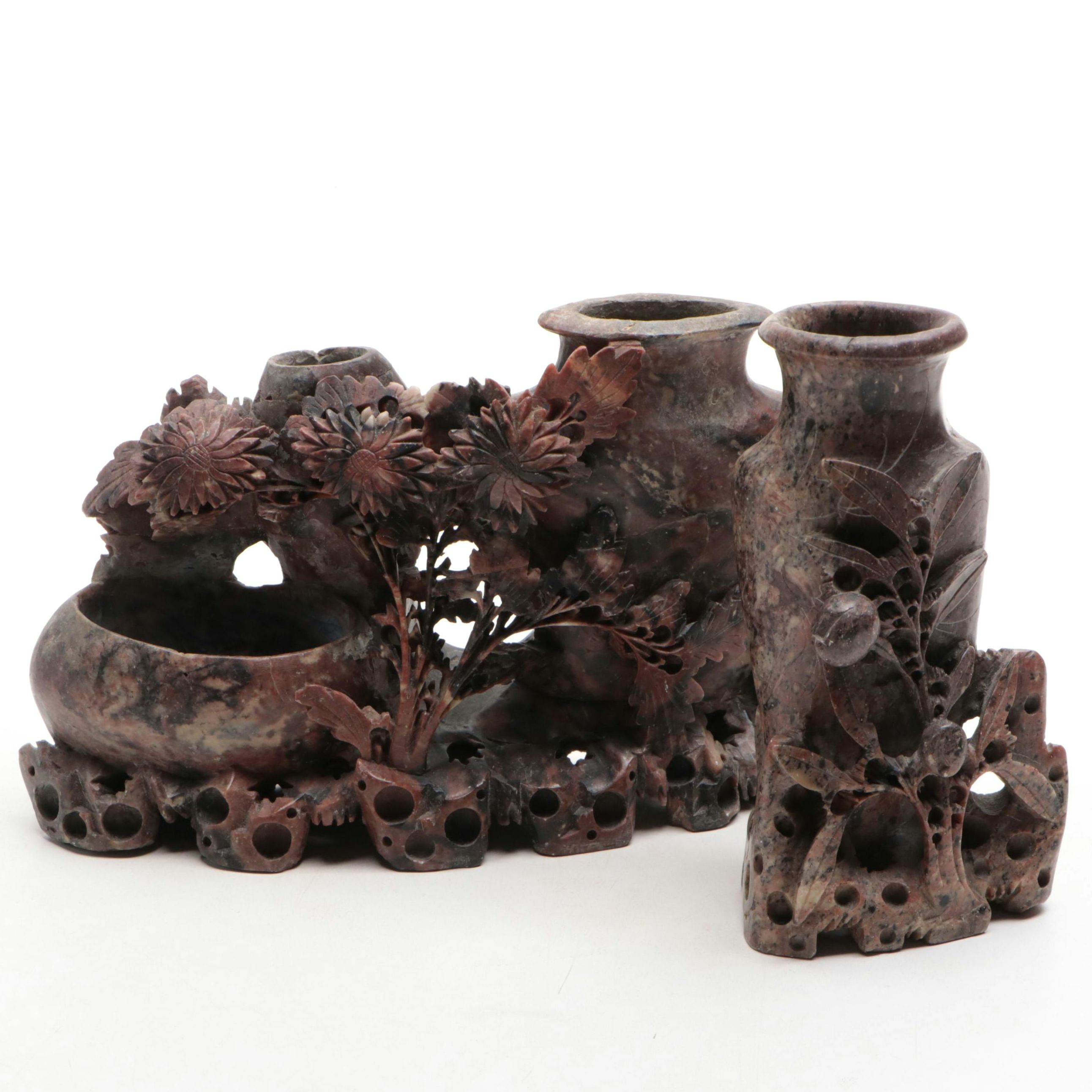 Chinese Soapstone Carved Brush Pot Vase and Floral Vase