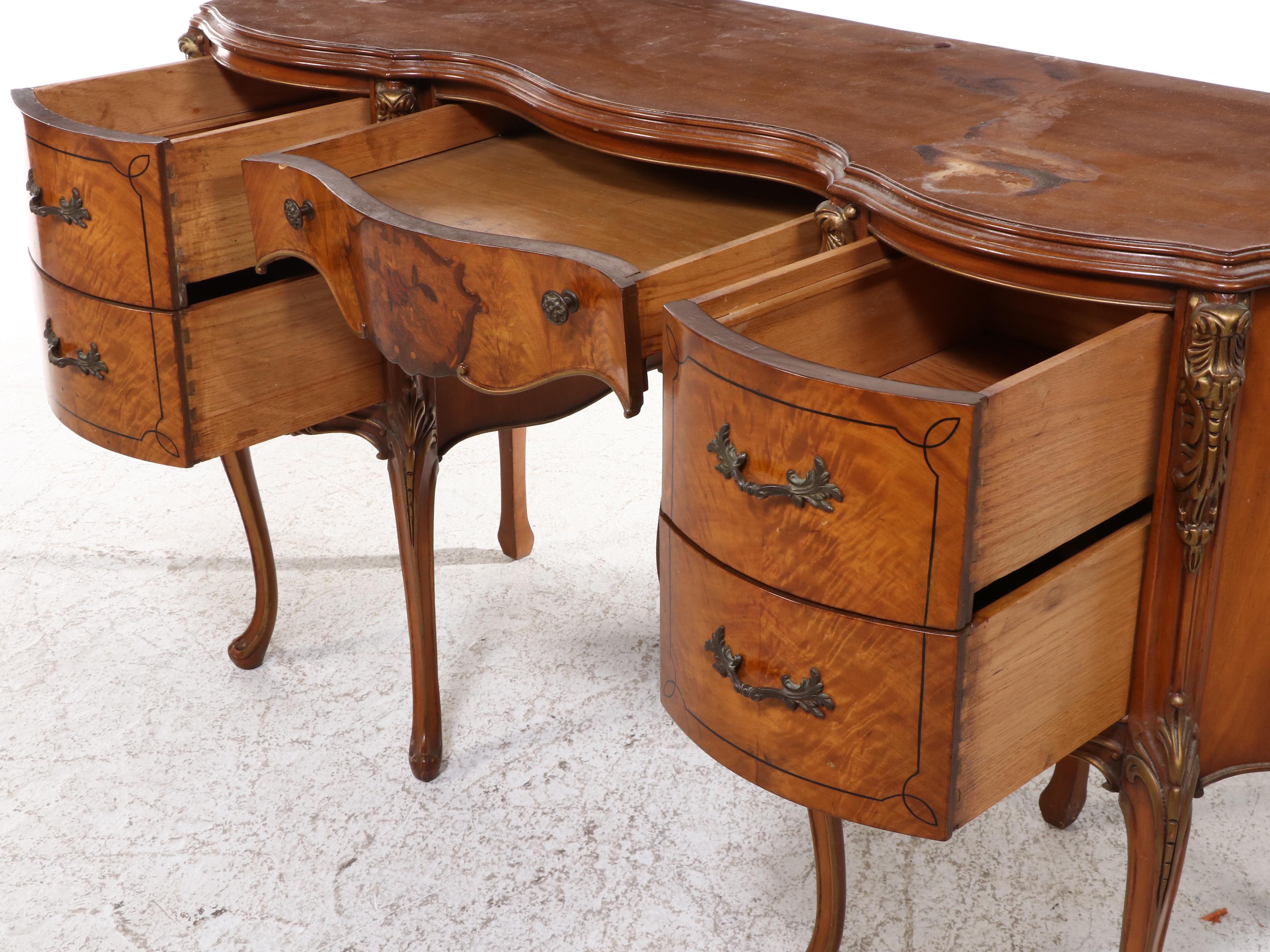 Louis XV Style Satinwood, Marquetry, and Parcel-Gilt Vanity with Swivel Stool