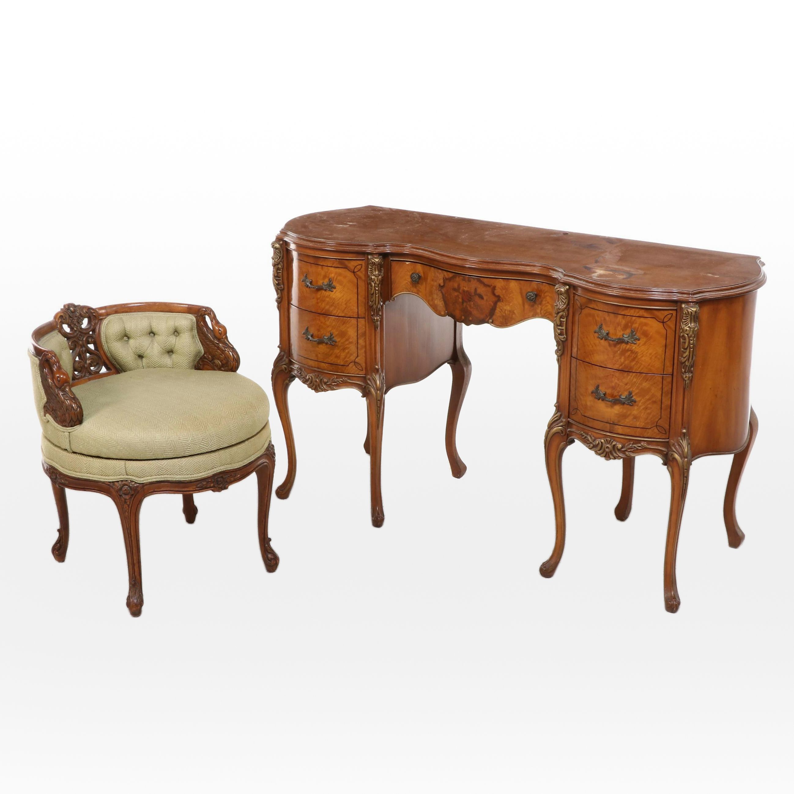 Louis XV Style Satinwood, Marquetry, and Parcel-Gilt Vanity with Swivel Stool