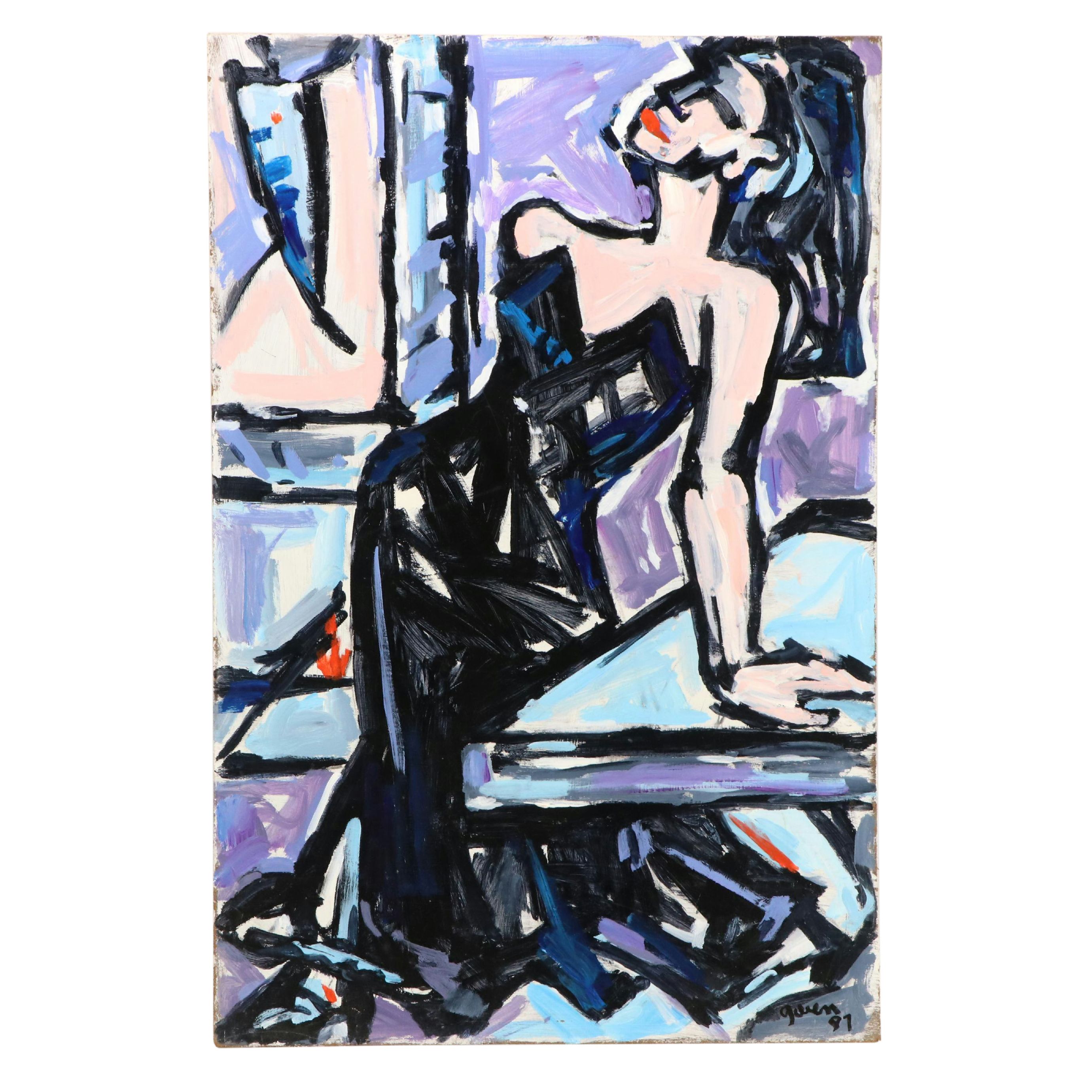 Gwen Doppler Modernist Acrylic Portrait "Lady in Black," 1987