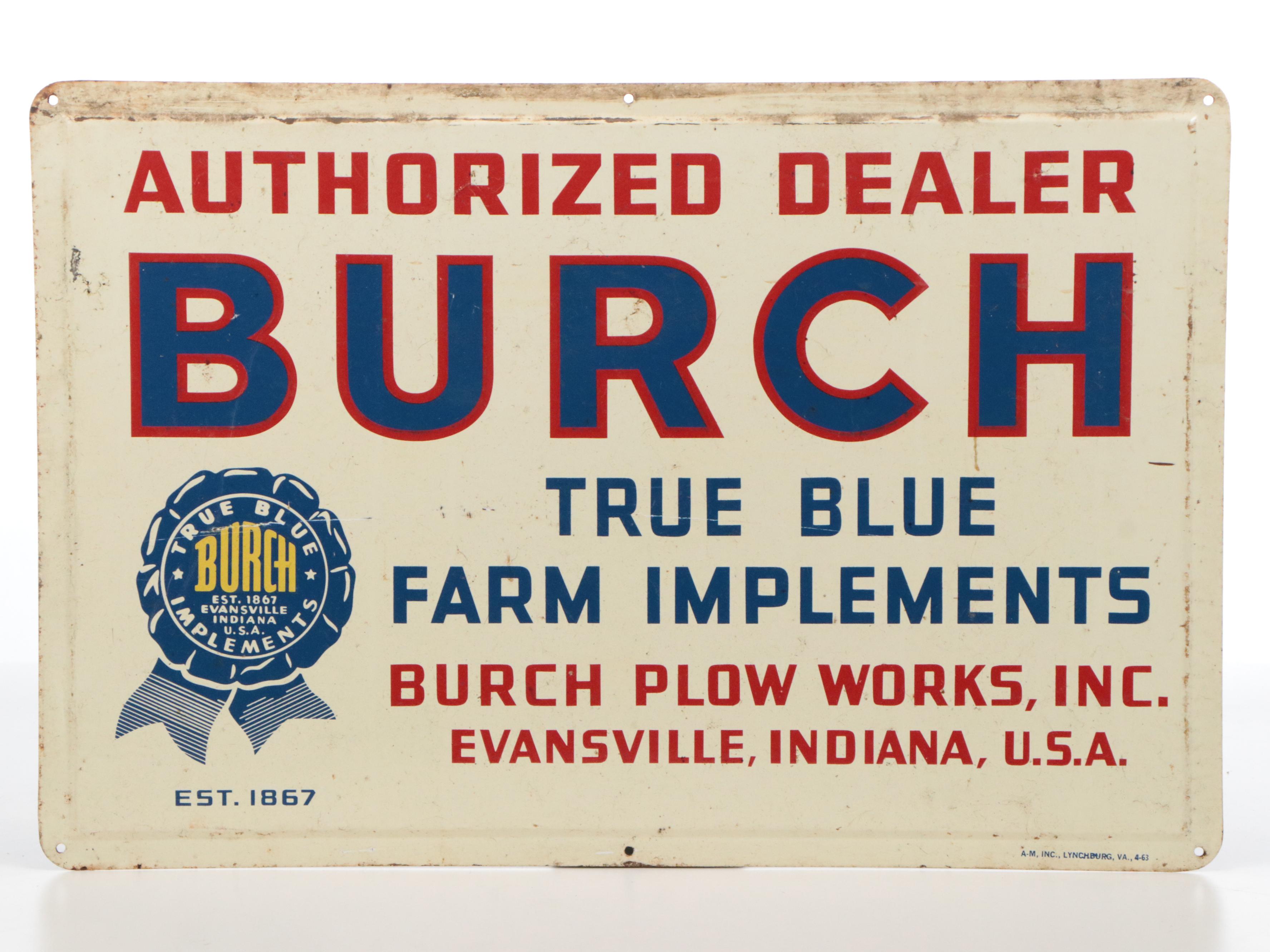 Burch True Blue Farm Implements Advertising Sign, 1963