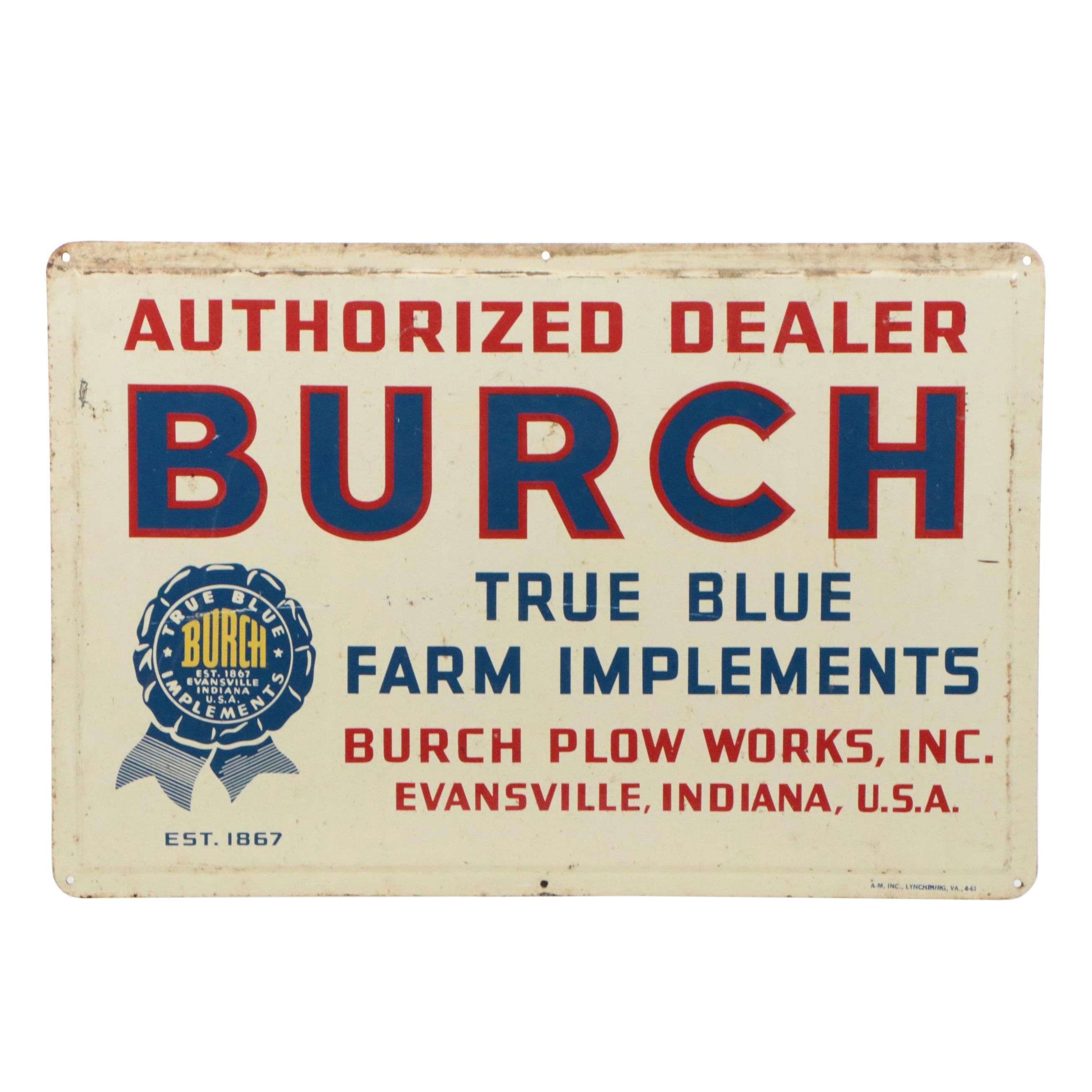 Burch True Blue Farm Implements Advertising Sign, 1963
