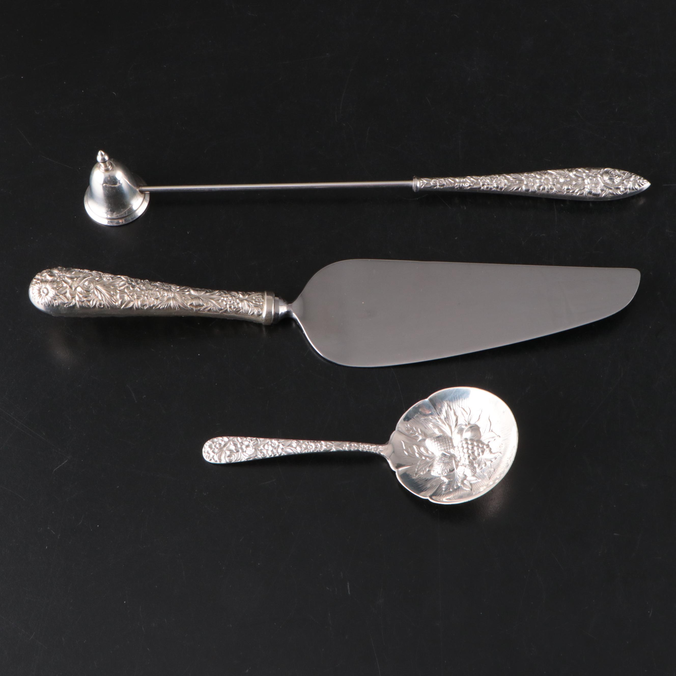 S. Kirk & Son "Repousse" Sterling Bonbon Spoon, Candle Snuffer, and Pie Server