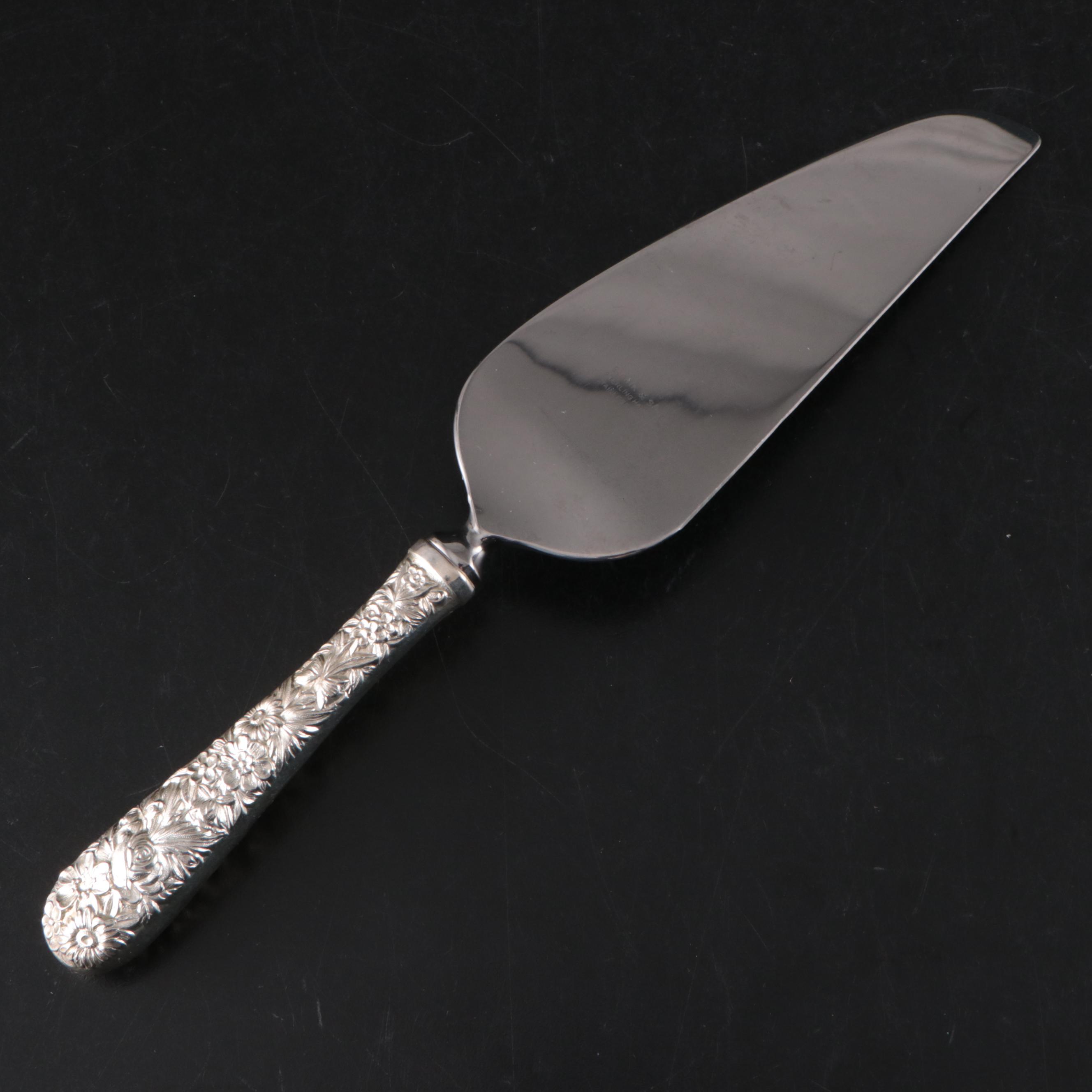 S. Kirk & Son "Repousse" Sterling Bonbon Spoon, Candle Snuffer, and Pie Server