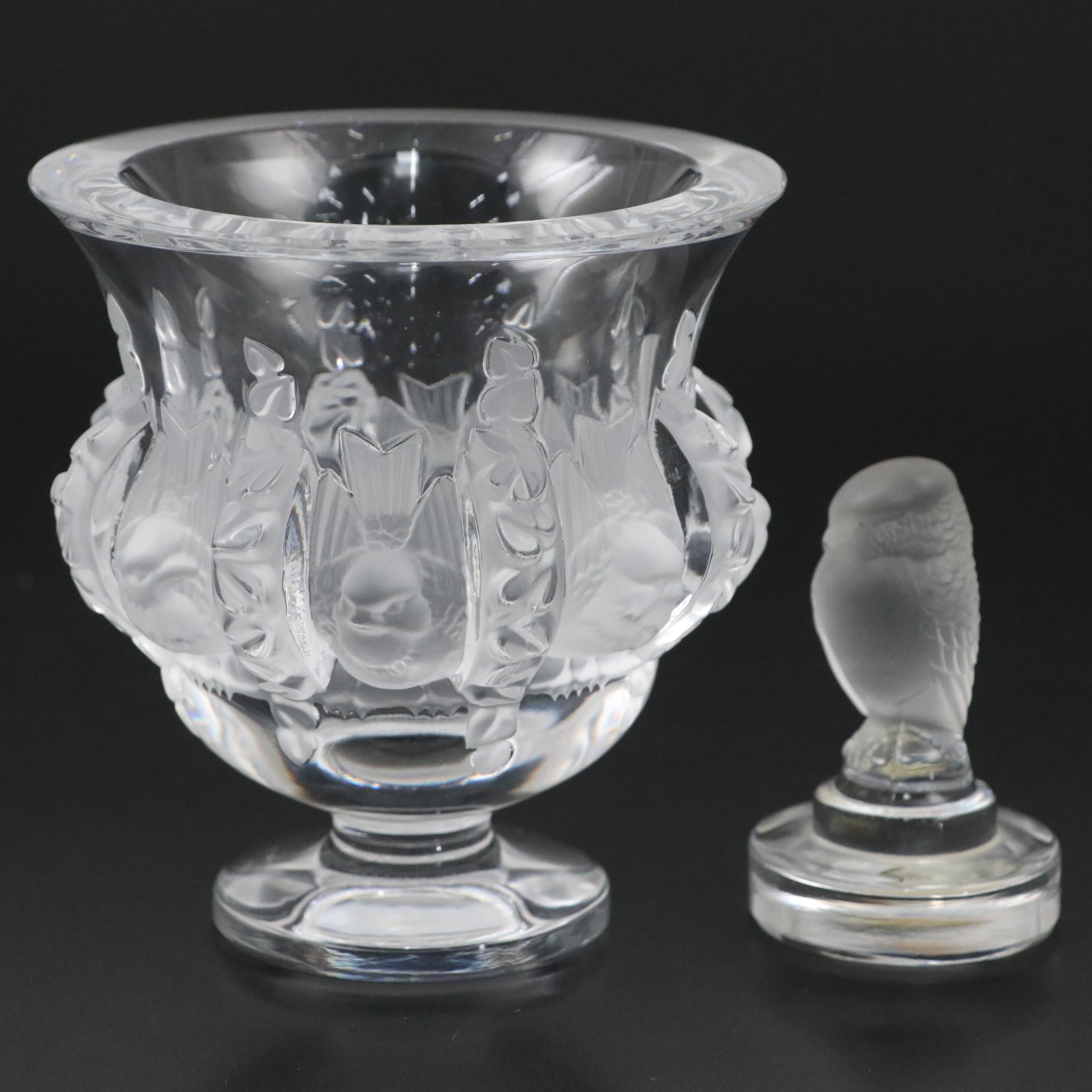 Lalique "Dampierre" Crystal Vase with "Rapace" Bird of Prey Paperweight
