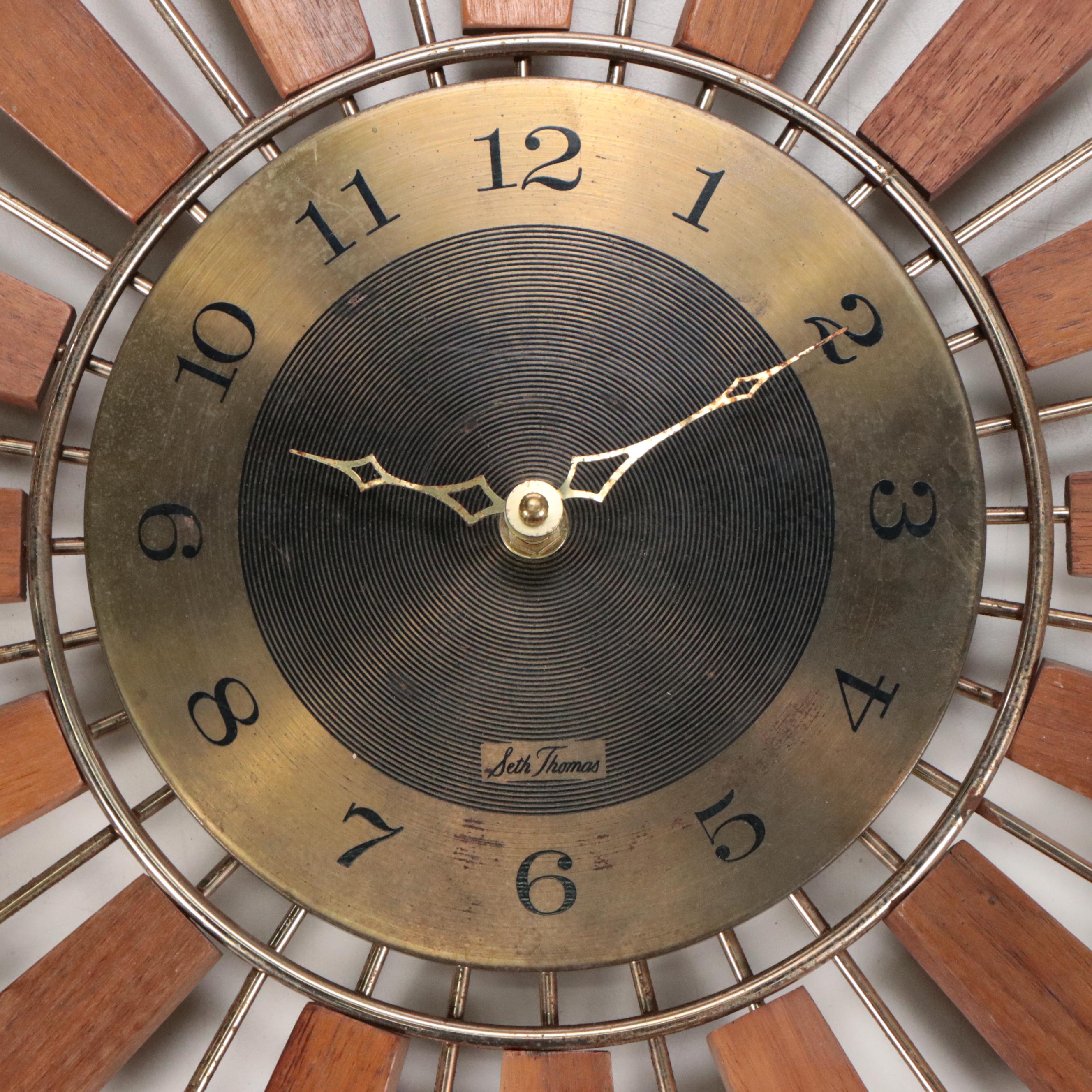 Seth Thomas "Grandeur" Teak and Brass Starburst Wall Clock