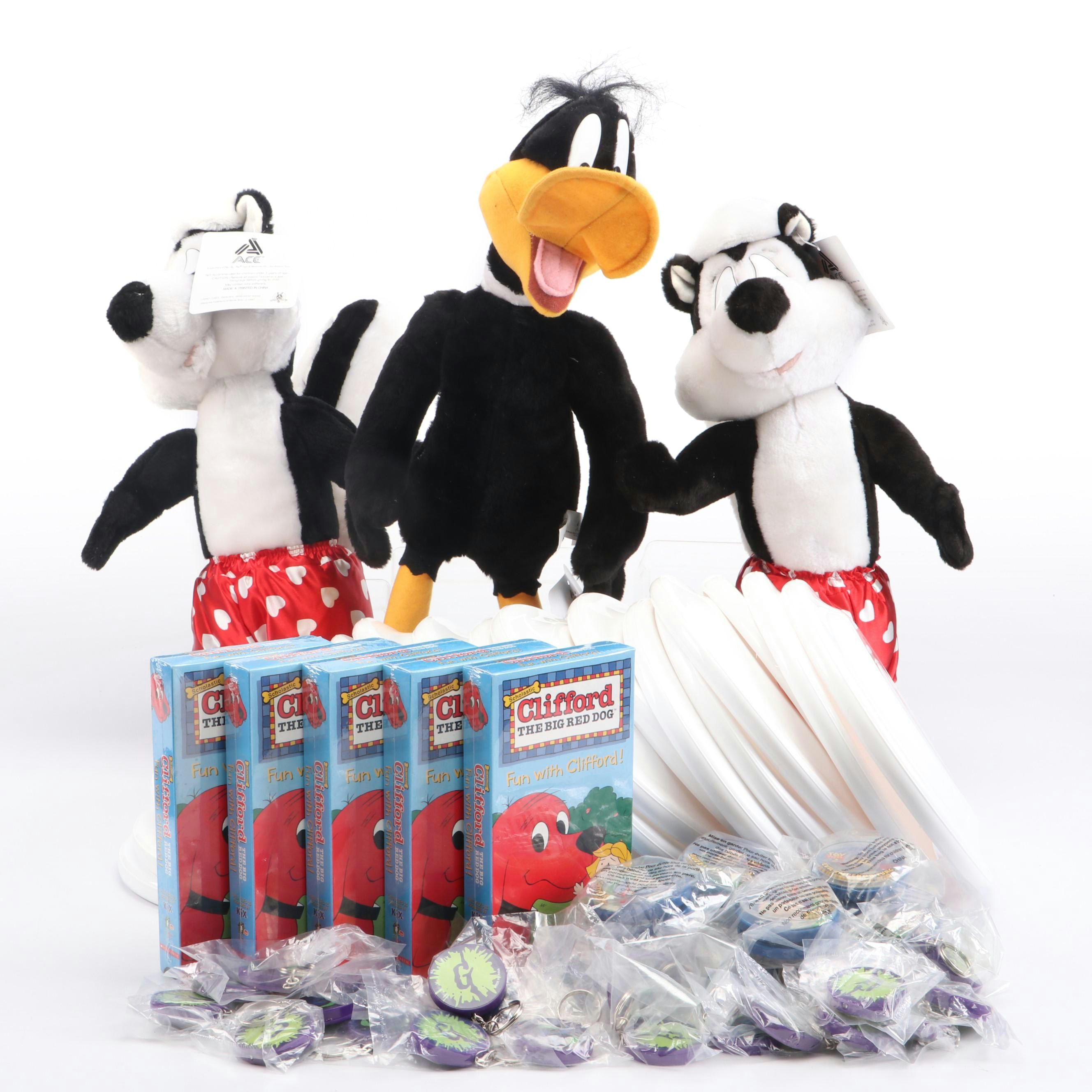 Daffy Duck and Pepé Le Pew Stuffed Toys with Yo-Yos, VHS Tapes, and Frisbees