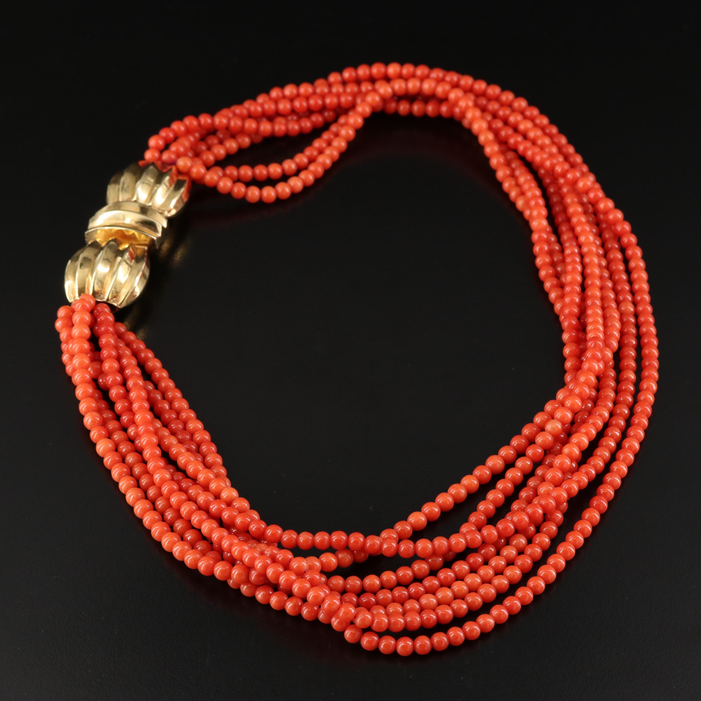 Italian Multi Strand Coral Torsade with 18K Clasp